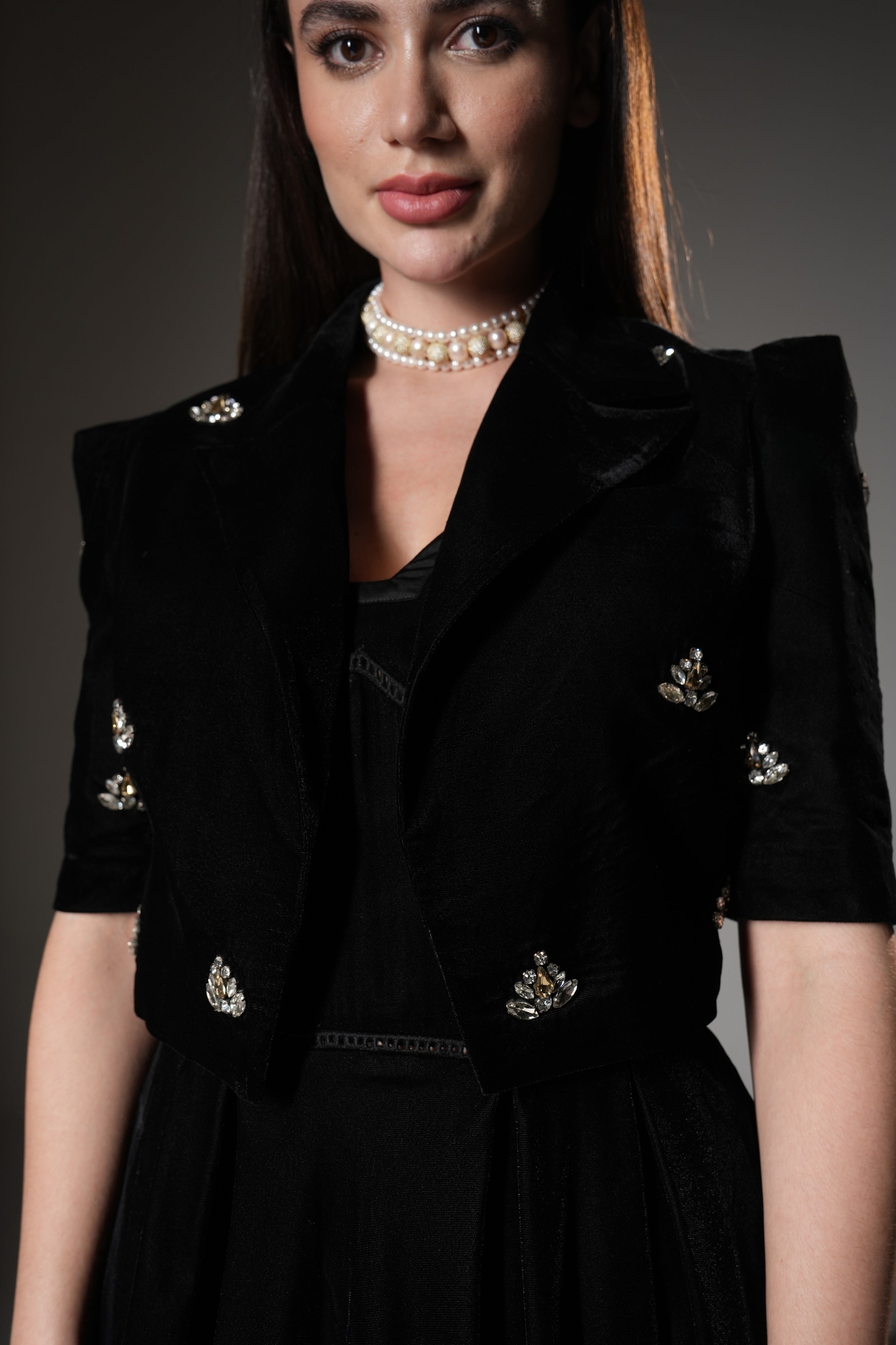 Black A-Line Midi Dress with Embellished Crop Blazer ( Set of 2 )