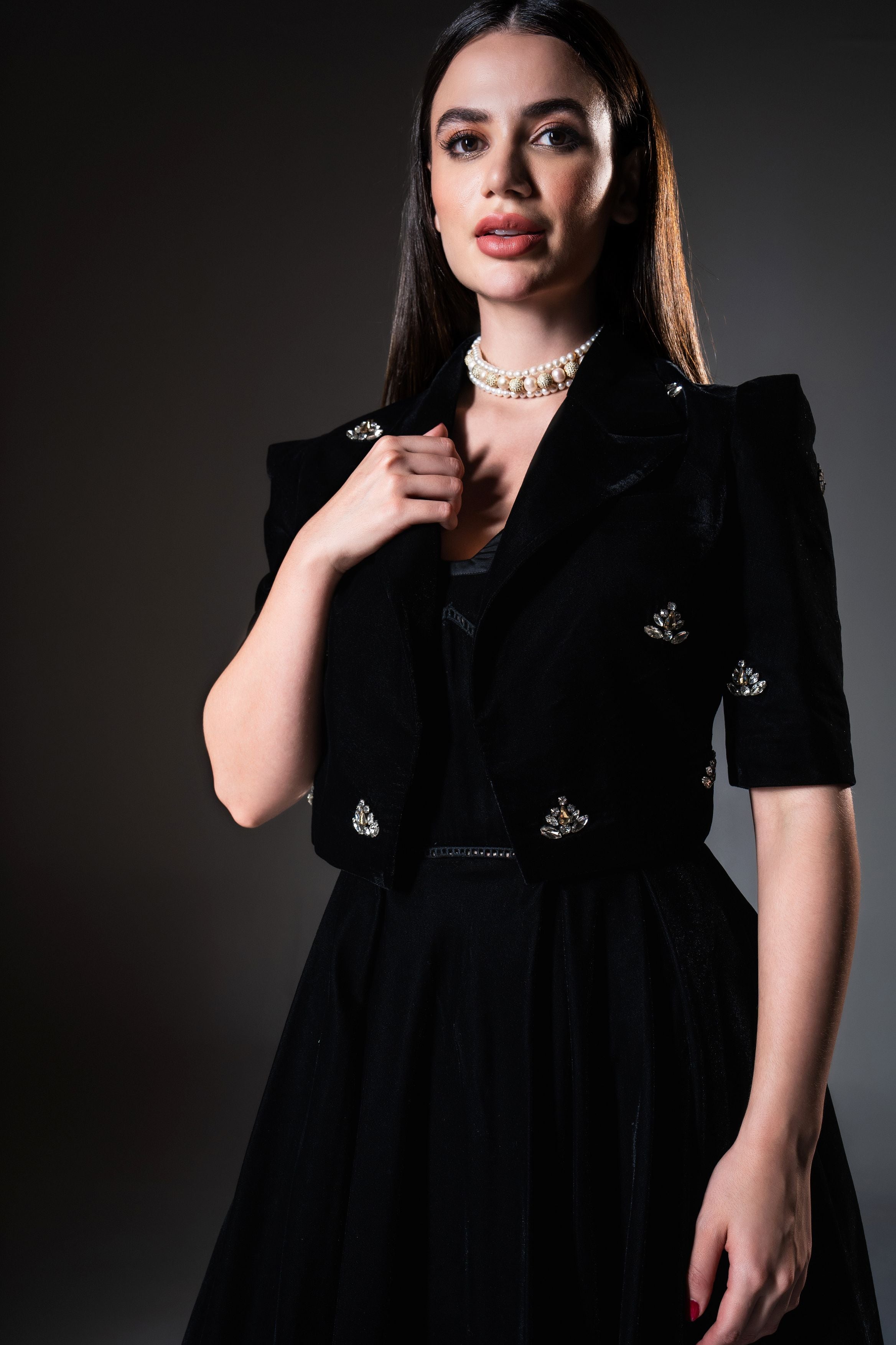 Black A-Line Midi Dress with Embellished Crop Blazer ( Set of 2 )