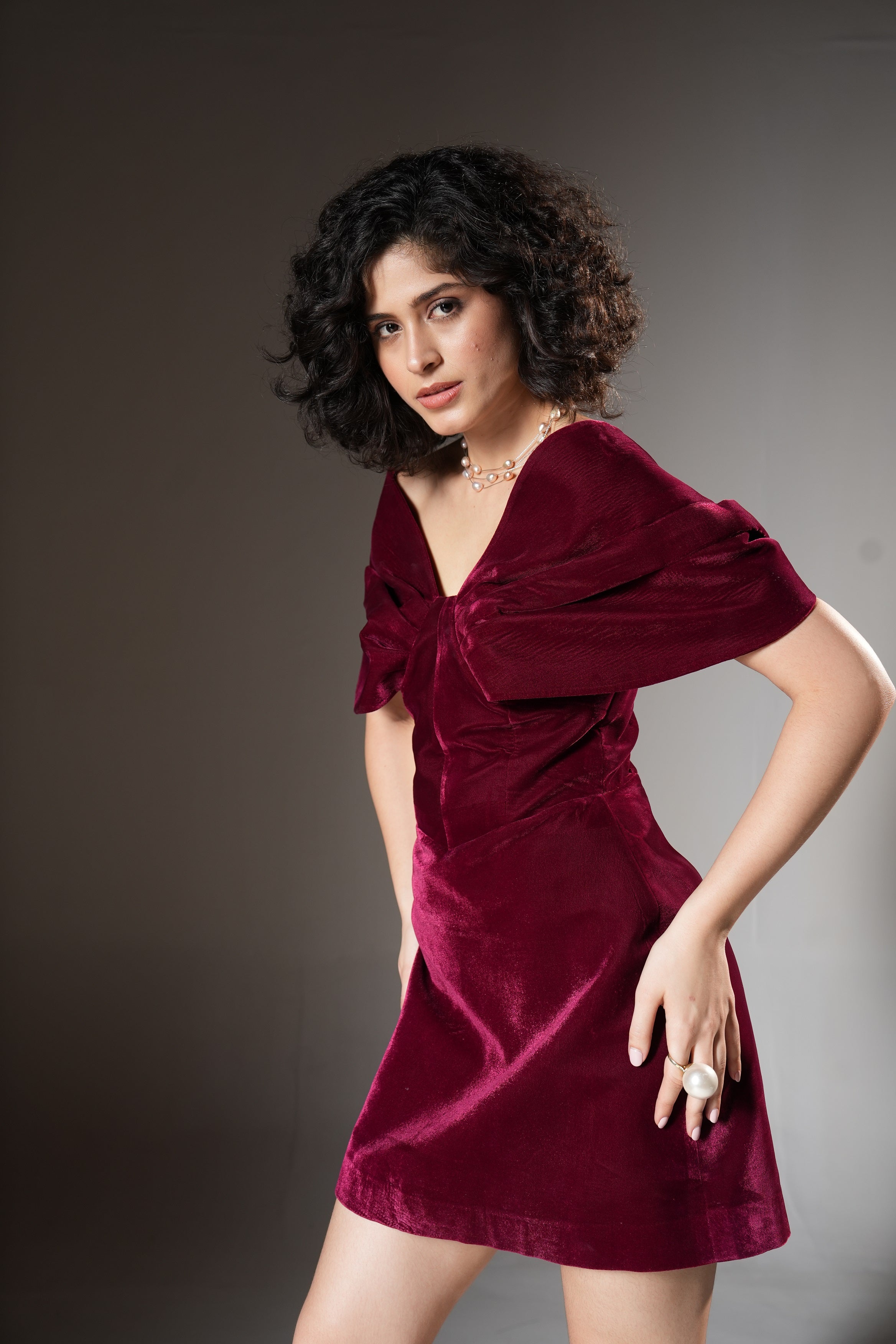Wine Velvet Exaggerated Shoulder Mini Dress