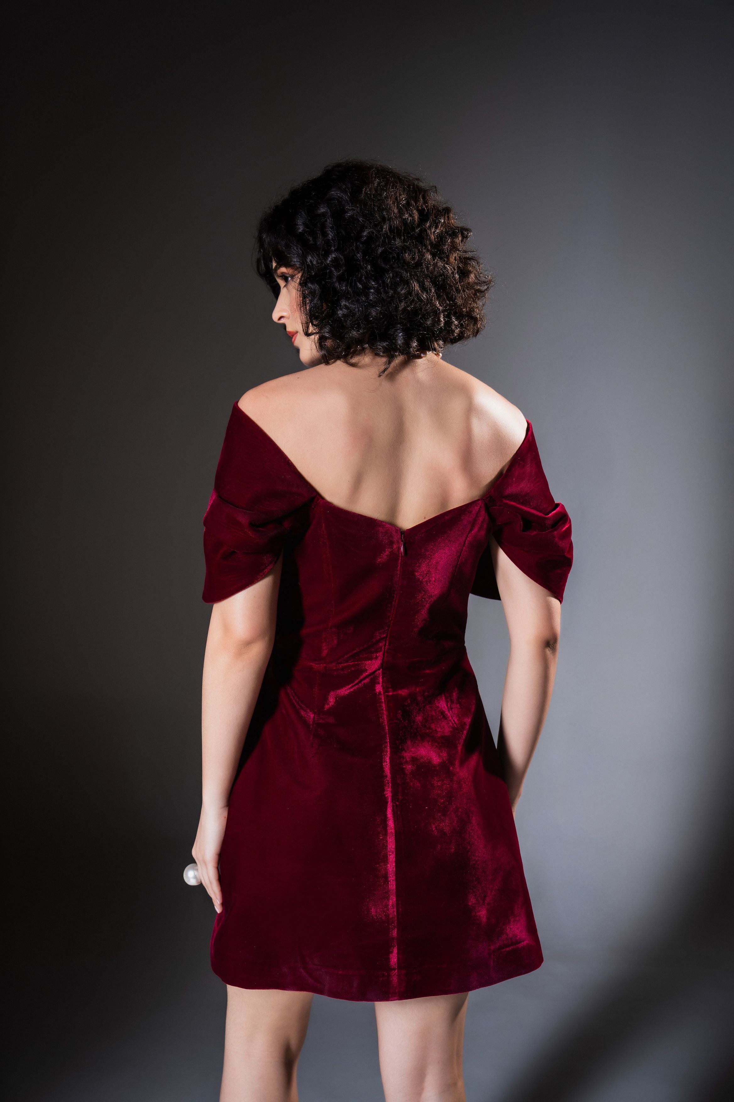 Wine Velvet Exaggerated Shoulder Mini Dress
