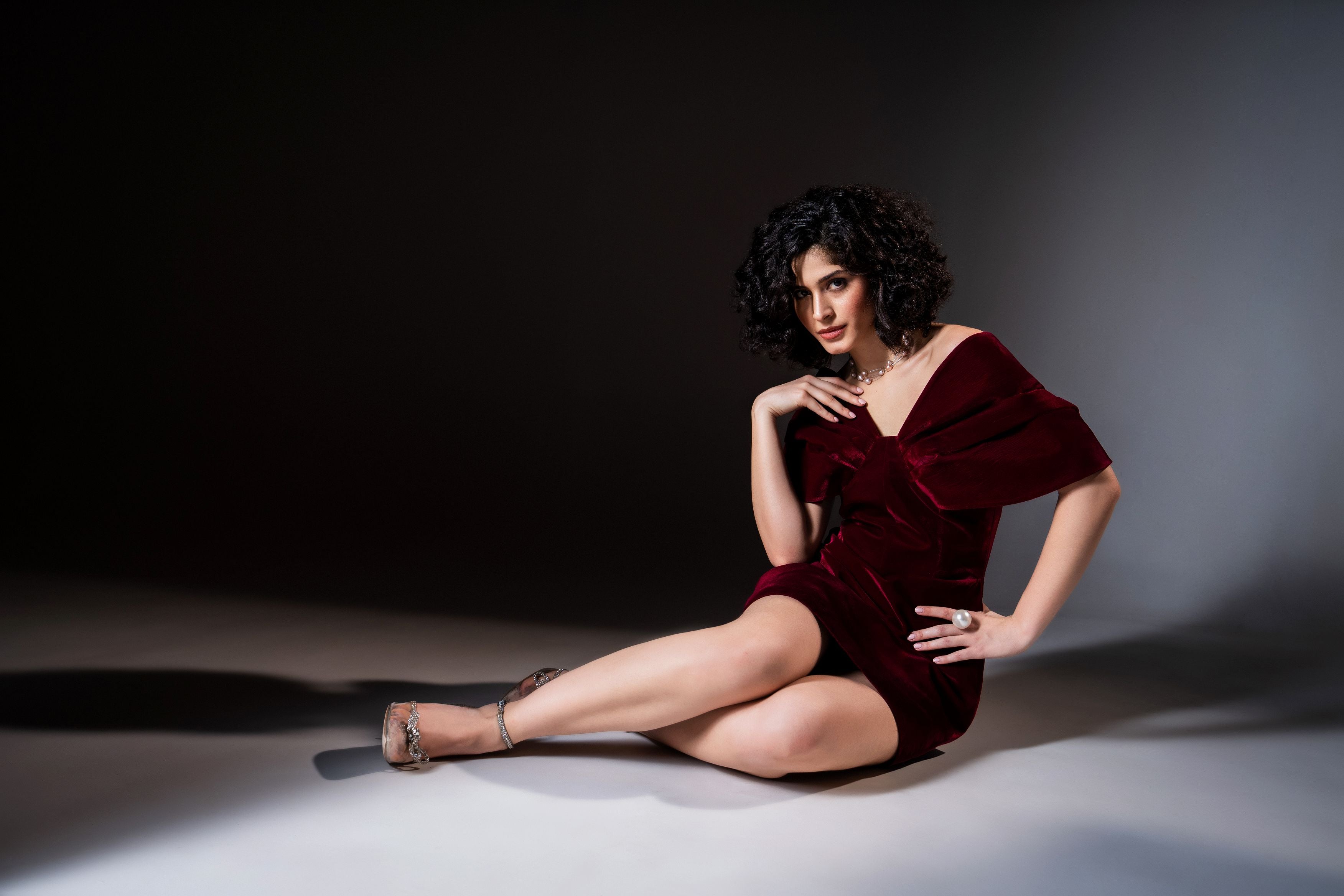 Wine Velvet Exaggerated Shoulder Mini Dress