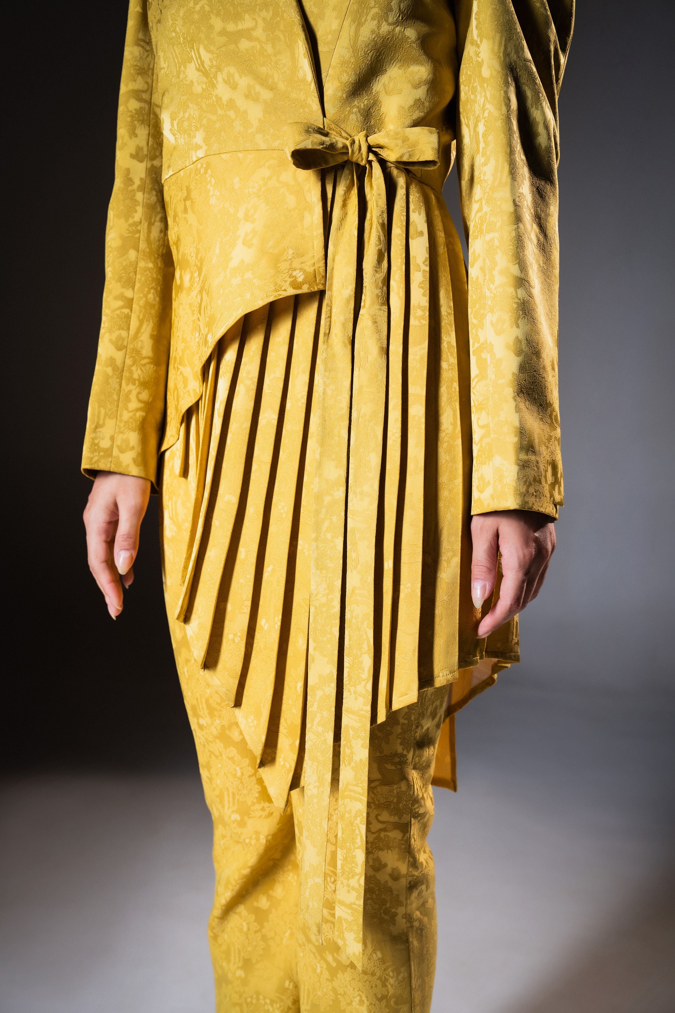 Mustard Wrap Style Asymmetric Pleated Blazer with Bootcut Pants ( Set of 2 )