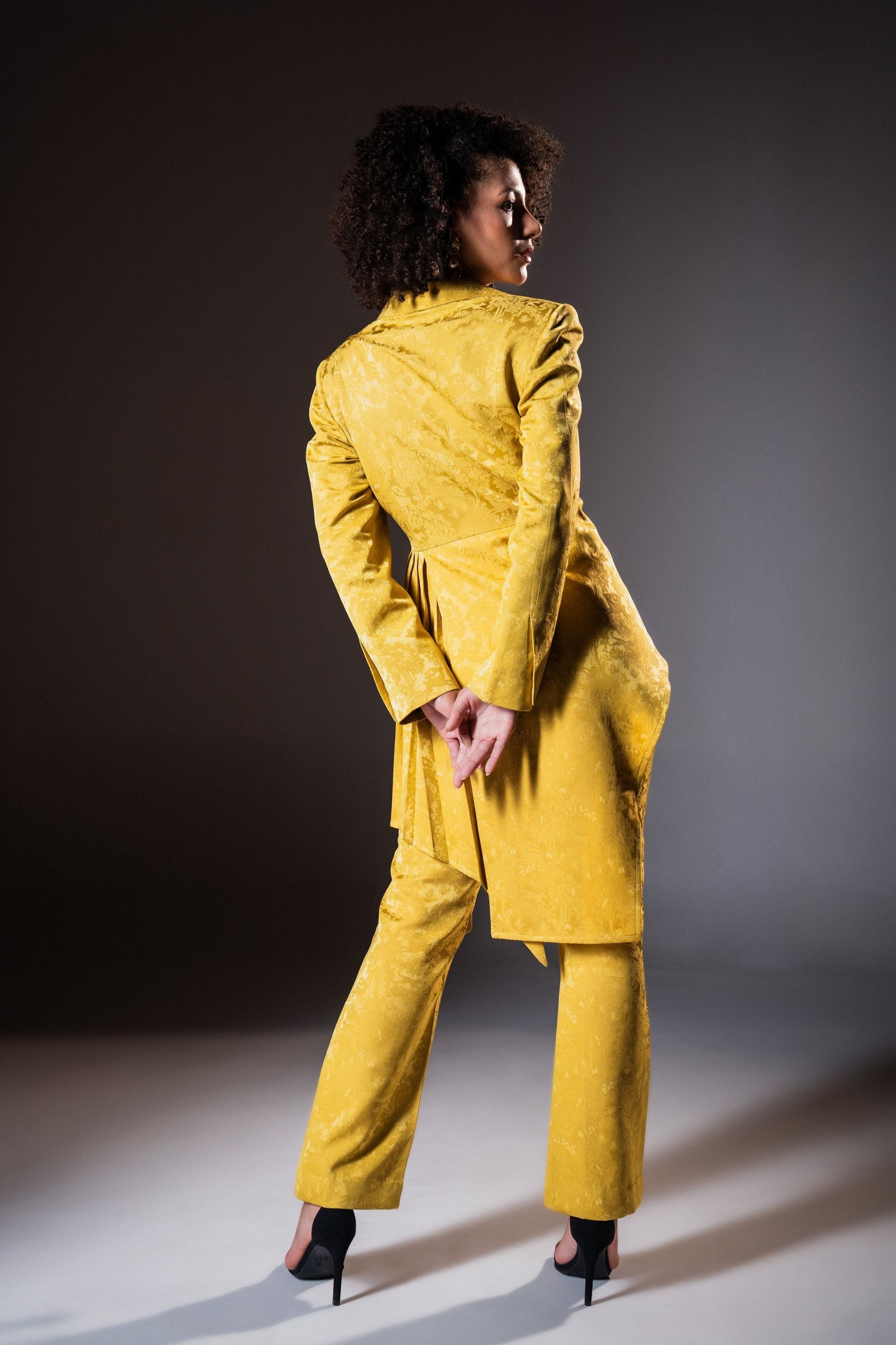 Mustard Wrap Style Asymmetric Pleated Blazer with Bootcut Pants ( Set of 2 )