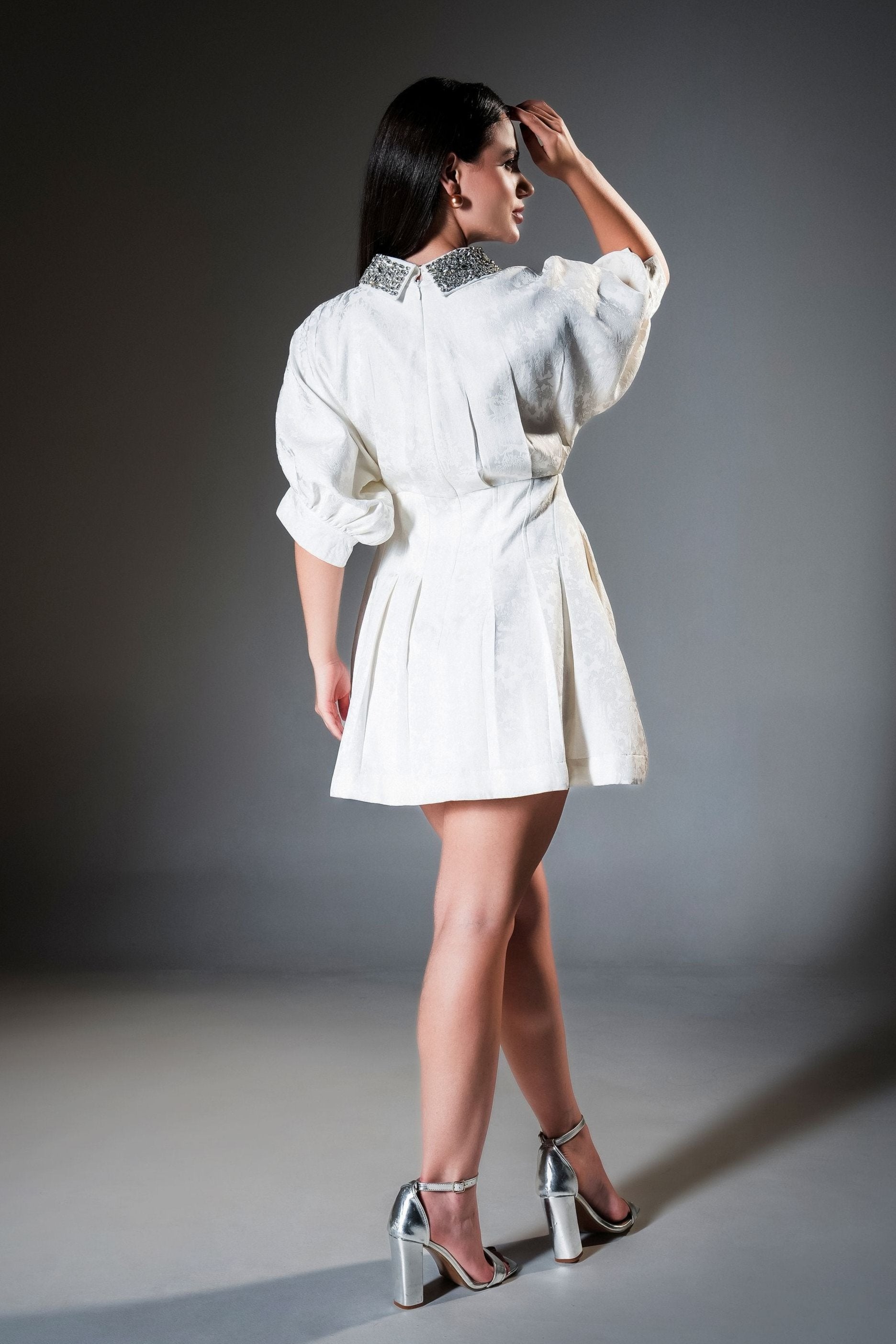 Embellished Peter Pan Collar Pleated Skater Dress