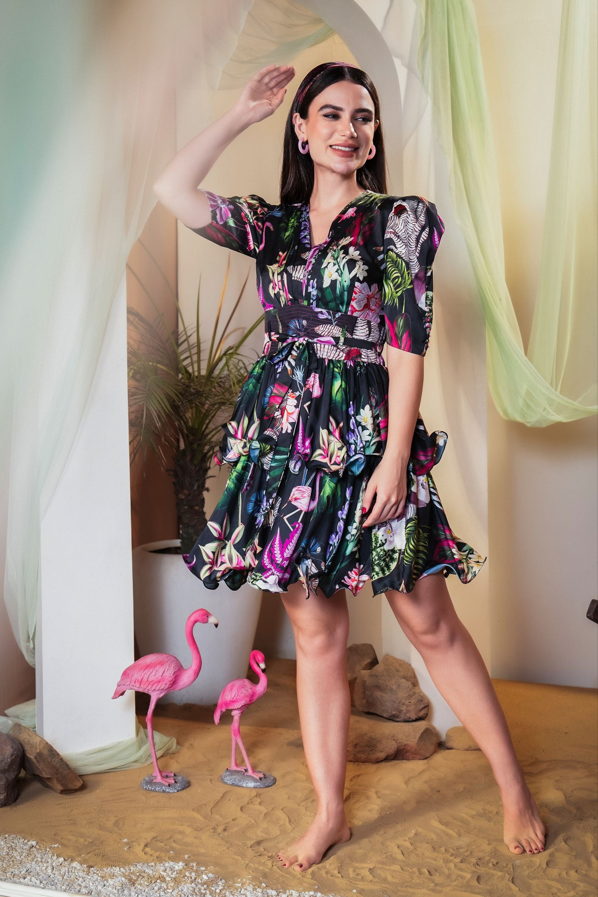 Ebony Bloom Tiered Mini Dress
