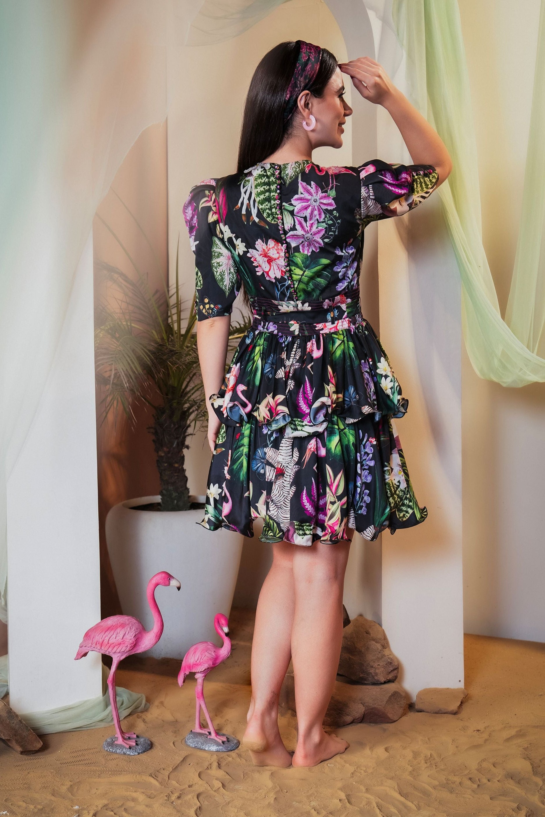 Ebony Bloom Tiered Mini Dress
