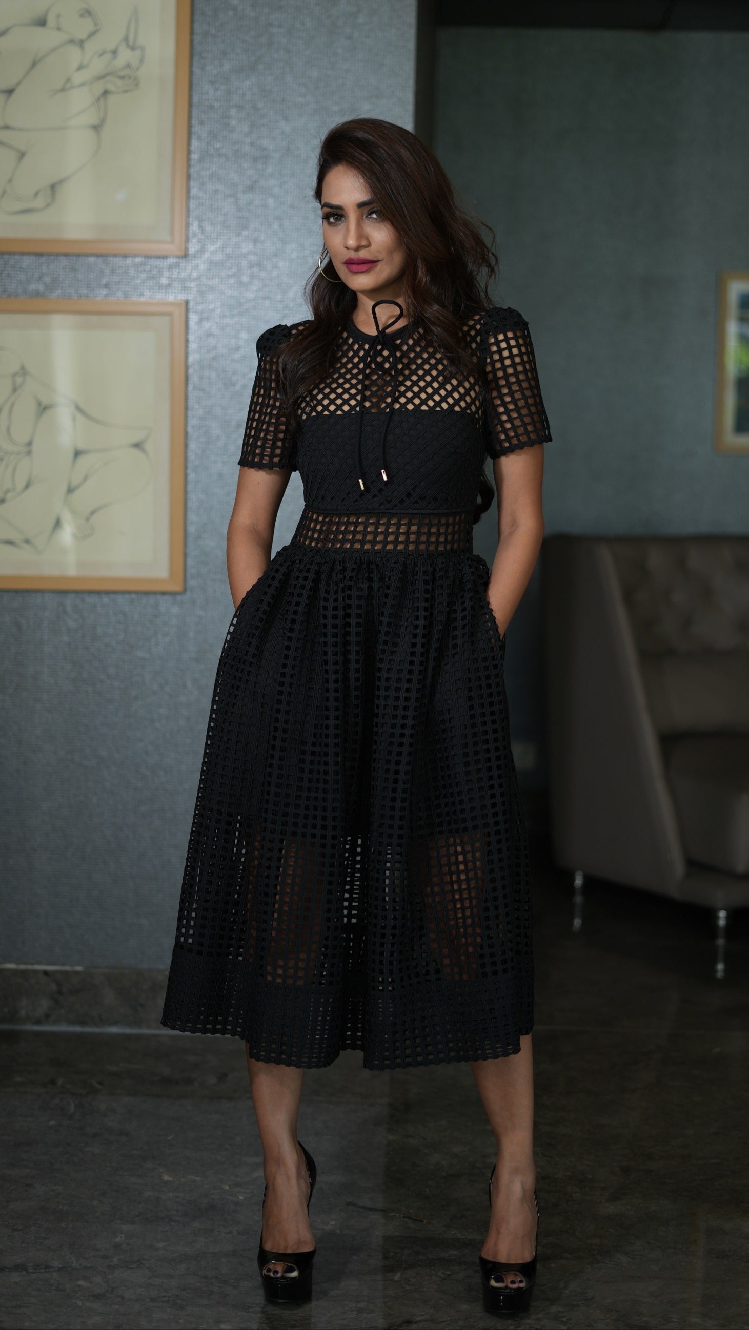 Lattice Lace Sheer Panelled Midi Dress - Black
