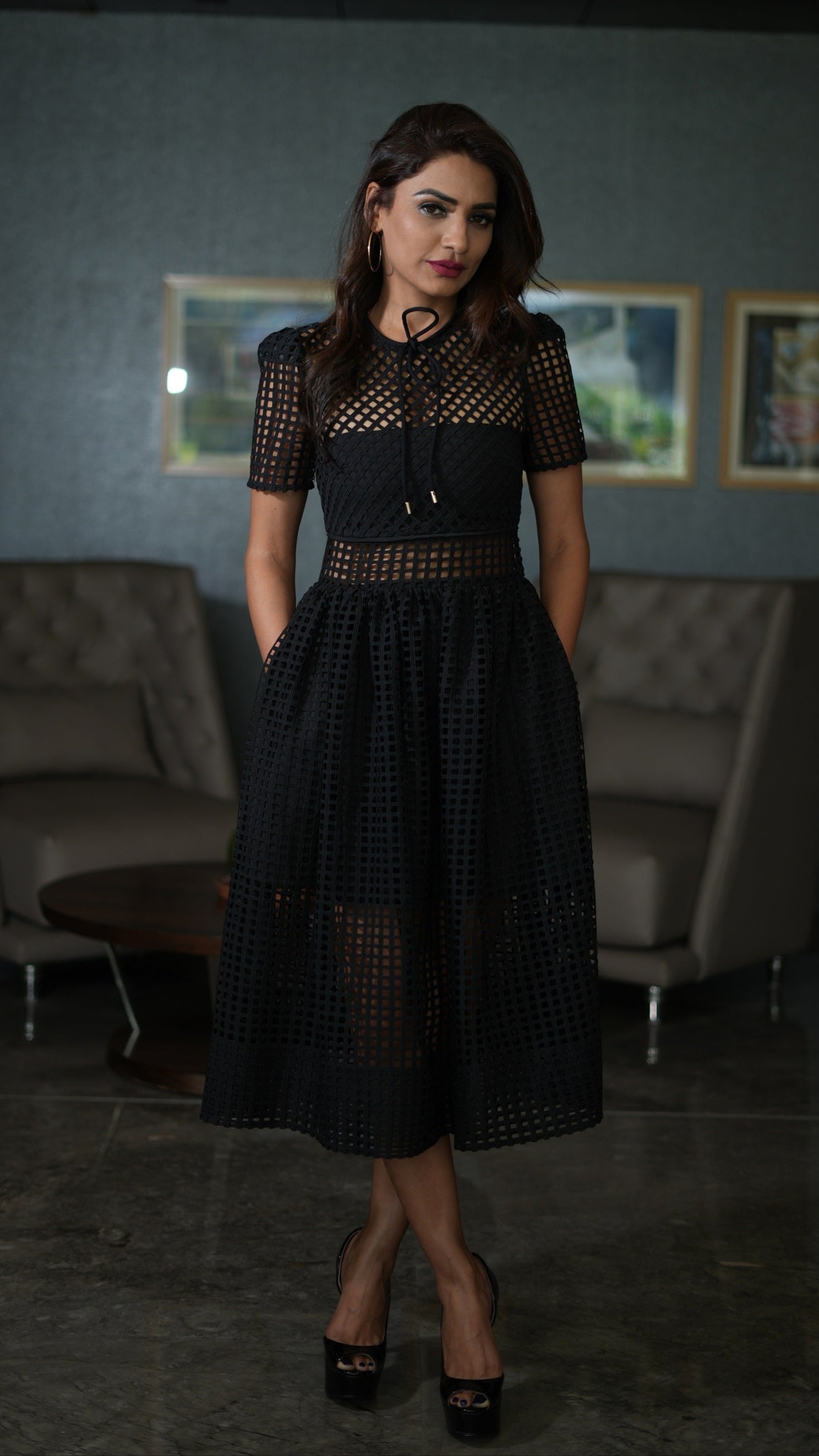 Lattice Lace Sheer Panelled Midi Dress Black