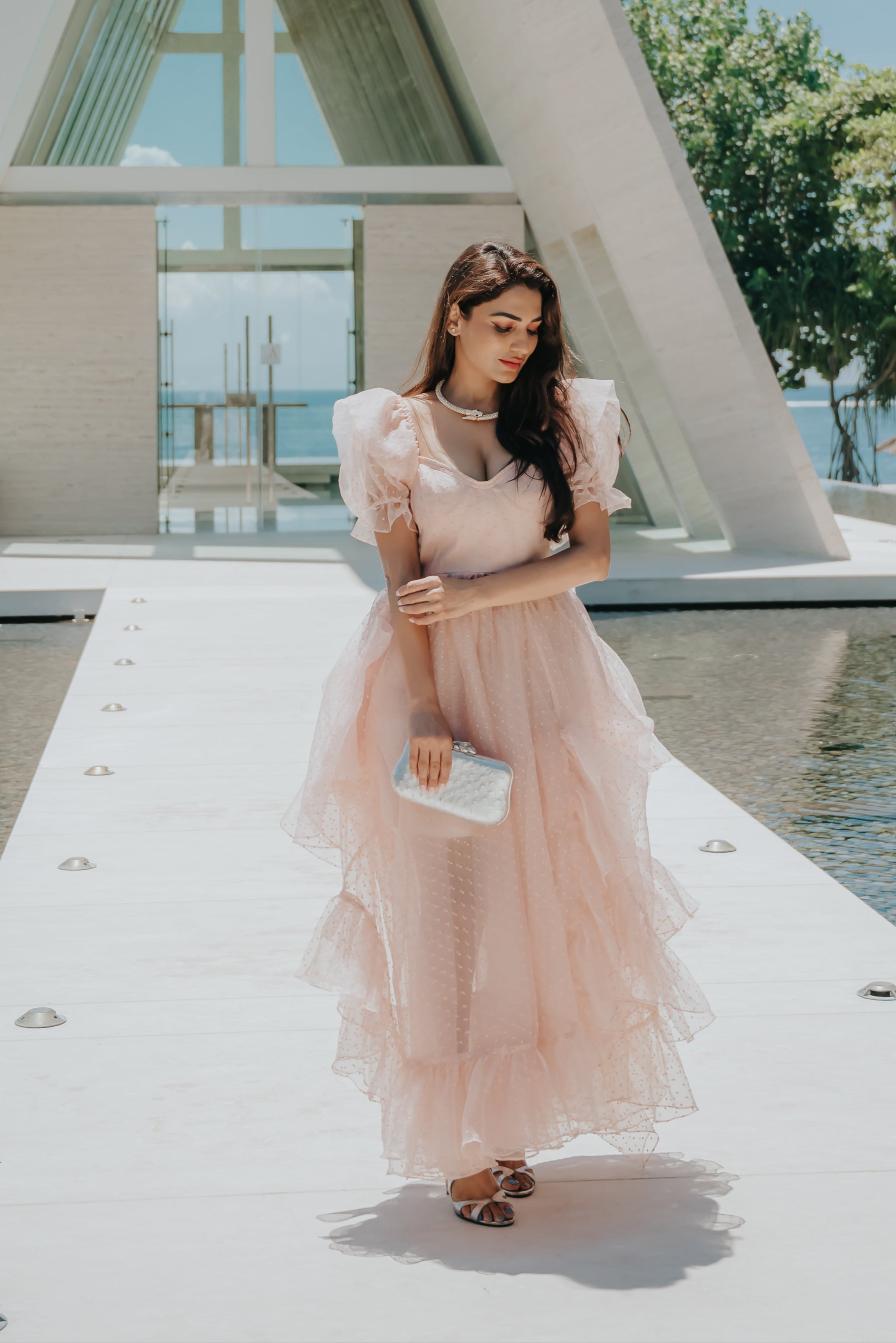 Peach Organza Ruffled Asymmetric Gown with Tail