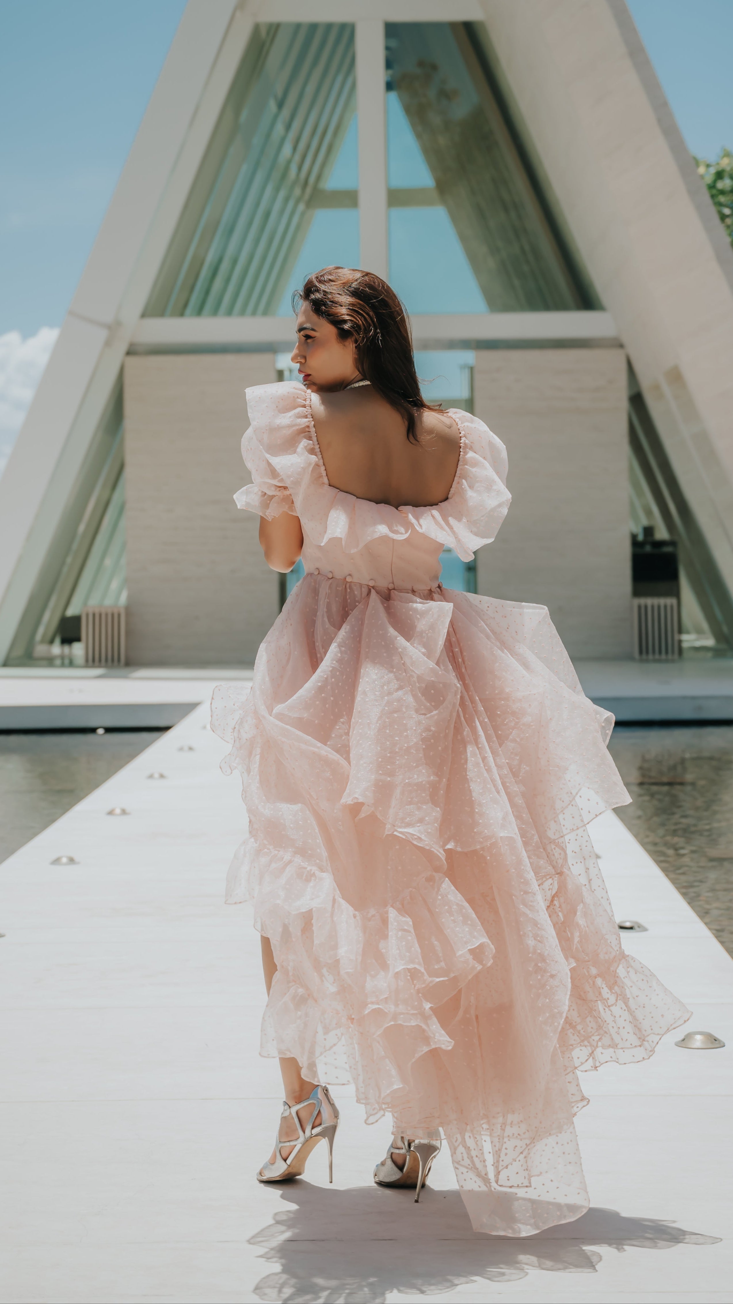 Peach Organza Ruffled Asymmetric Gown with Tail