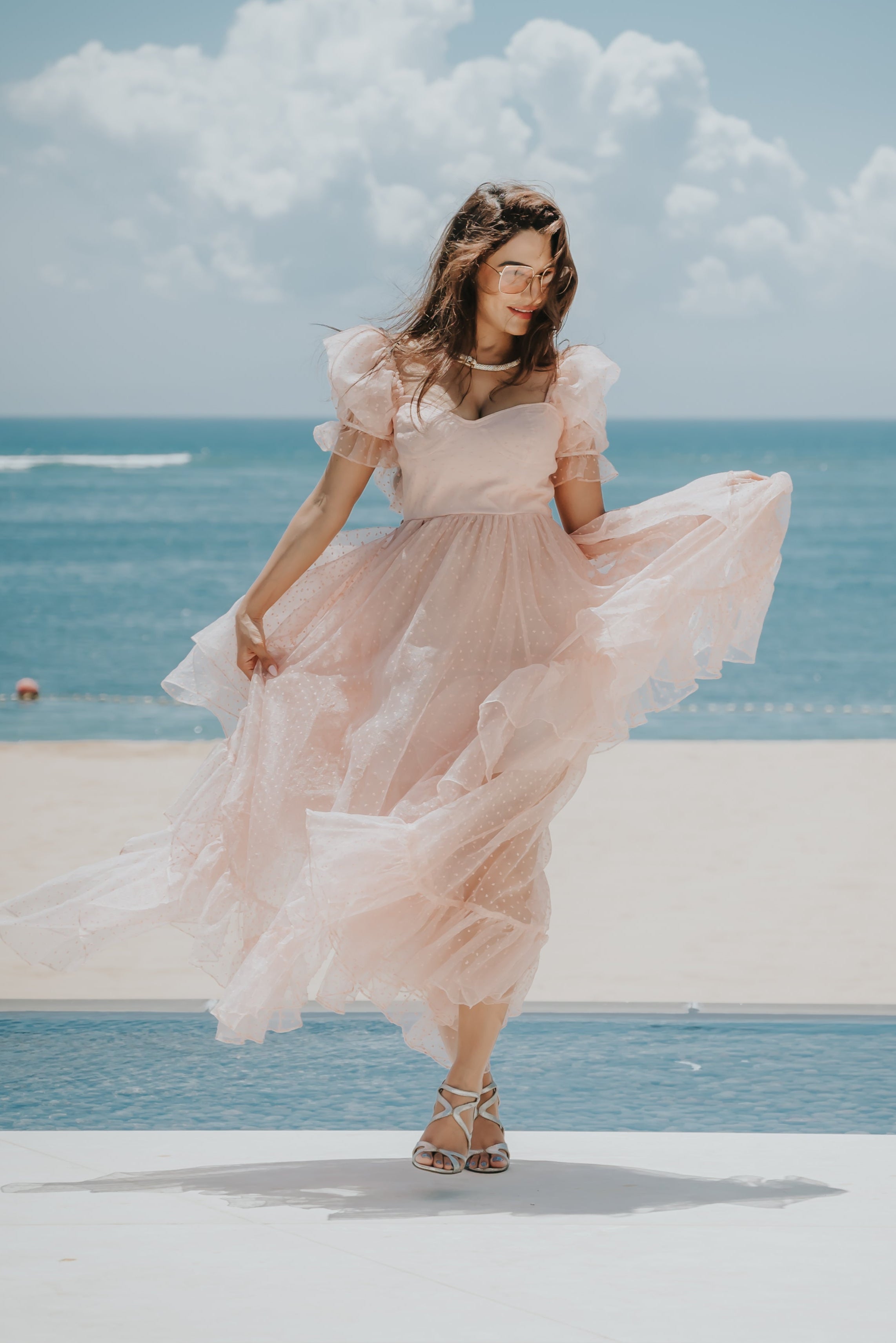Peach Organza Ruffled Asymmetric Gown with Tail