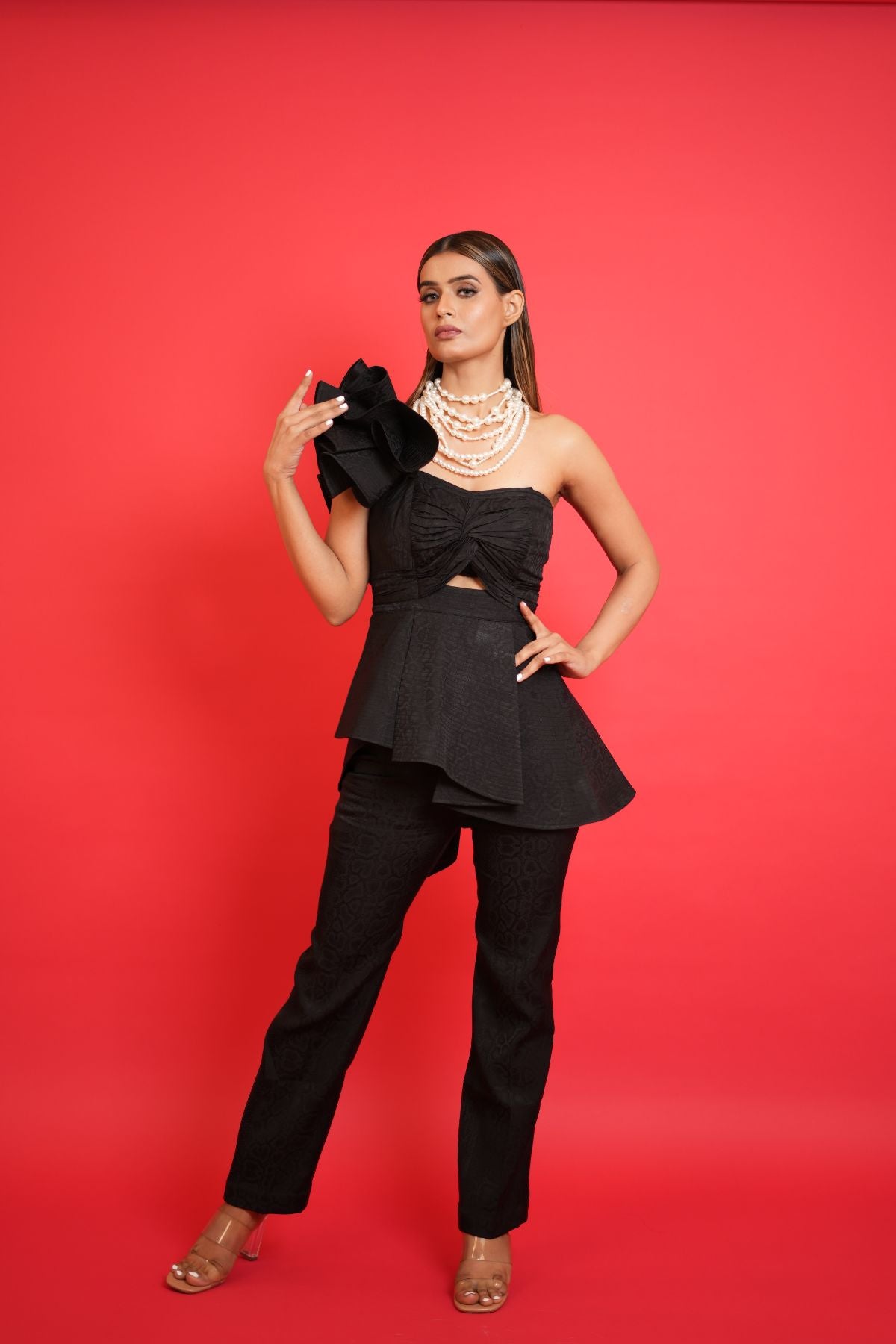 Inclined Shoulder Ruffled Top with Pants ( Set of 2 ) - Black