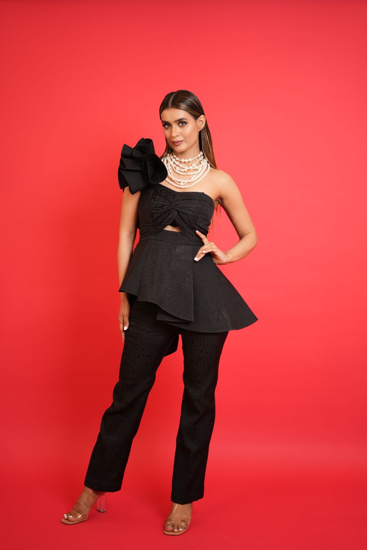 Inclined Shoulder Ruffled Top with Pants ( Set of 2 ) - Black