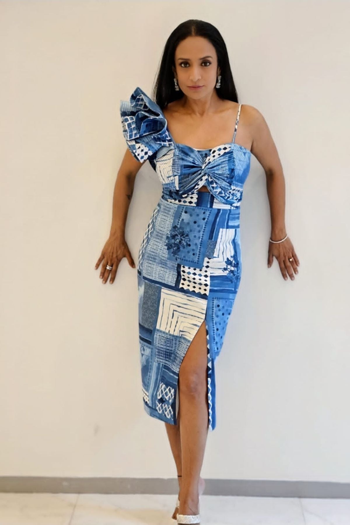 Blue Moroccan Inclined Shoulder Bodycon Slit Midi Dress