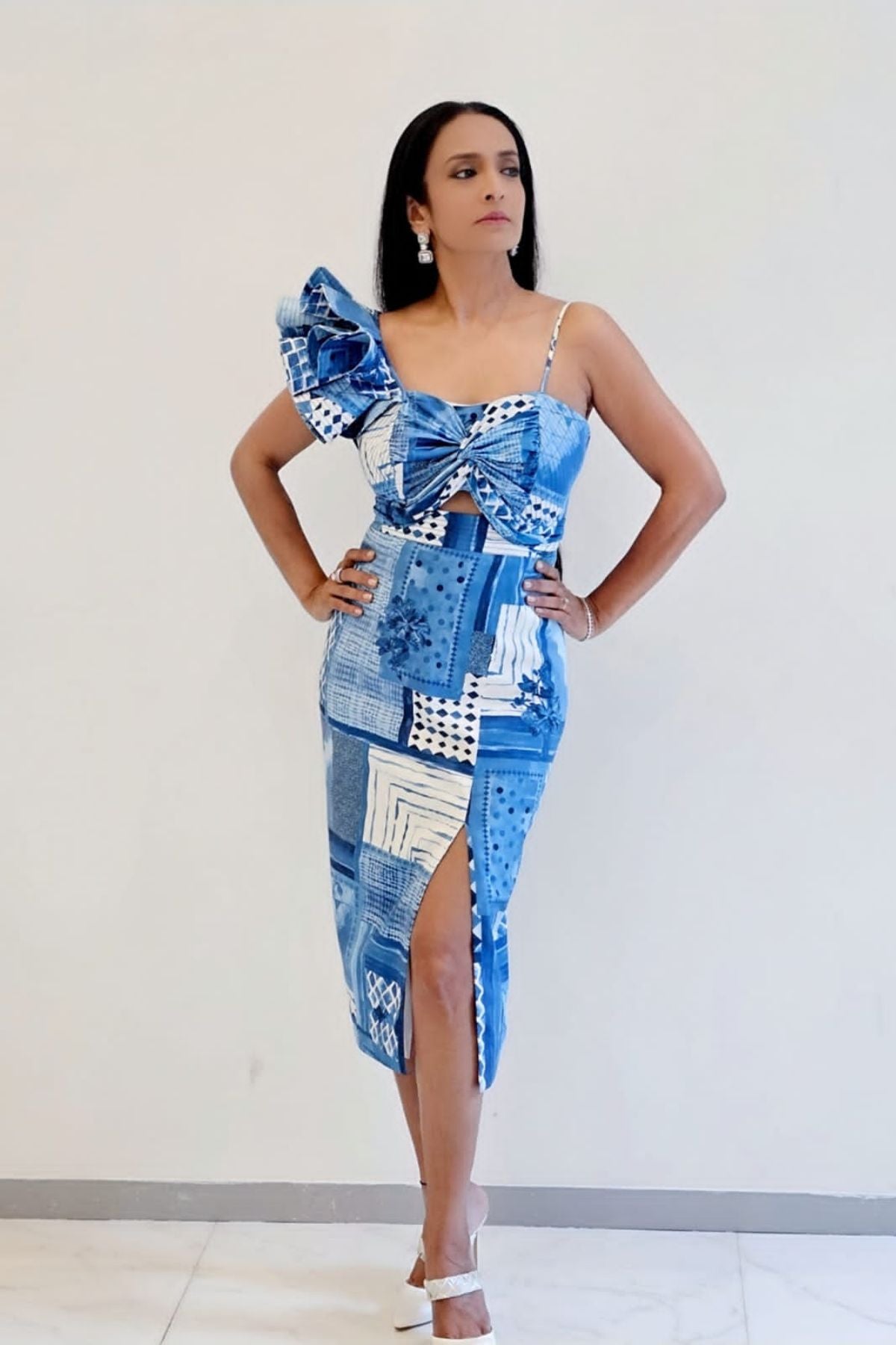 Blue Moroccan Inclined Shoulder Bodycon Slit Midi Dress