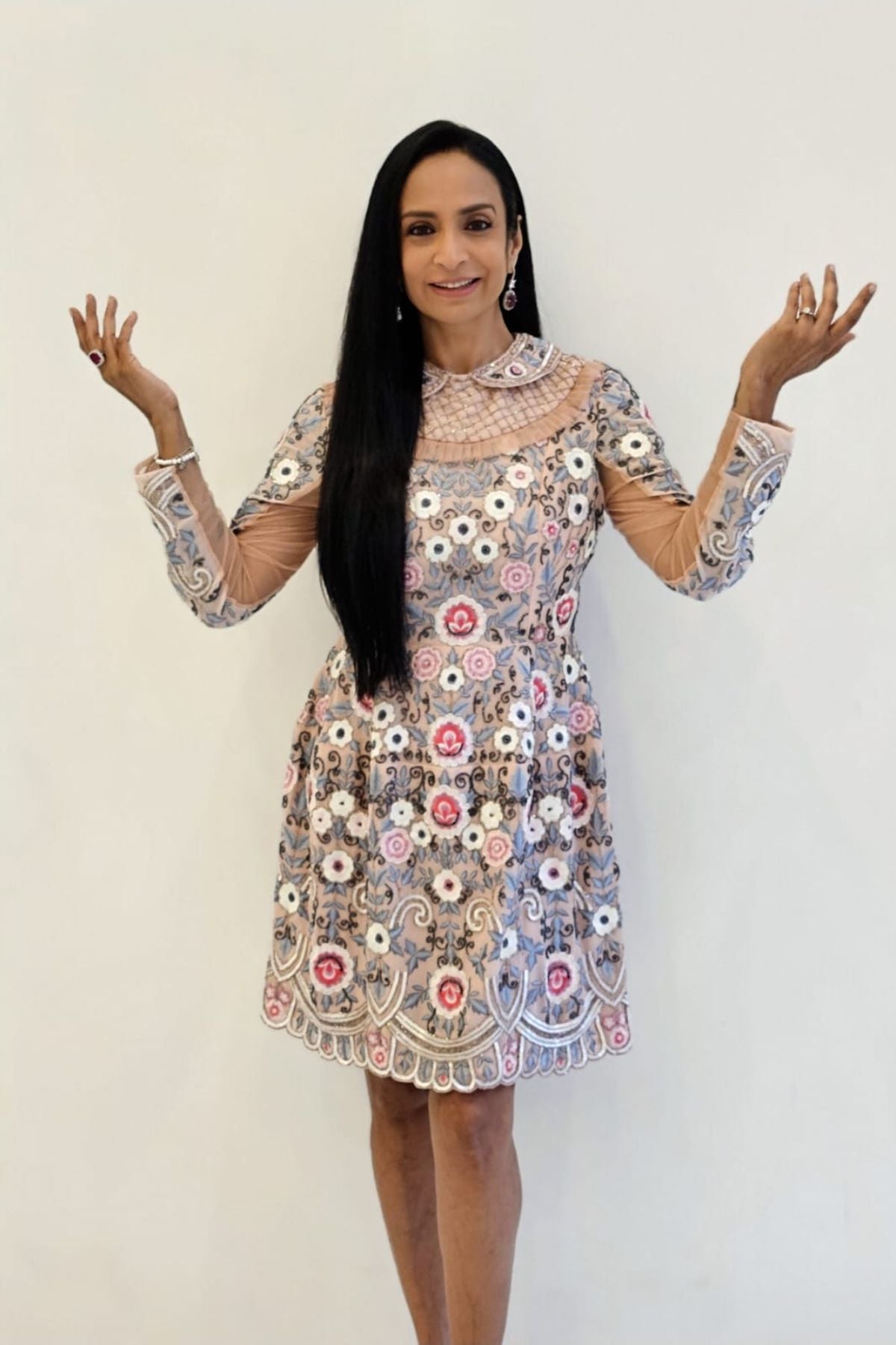 Peterpan Collar Embroidered & Embellished Dress - Pink