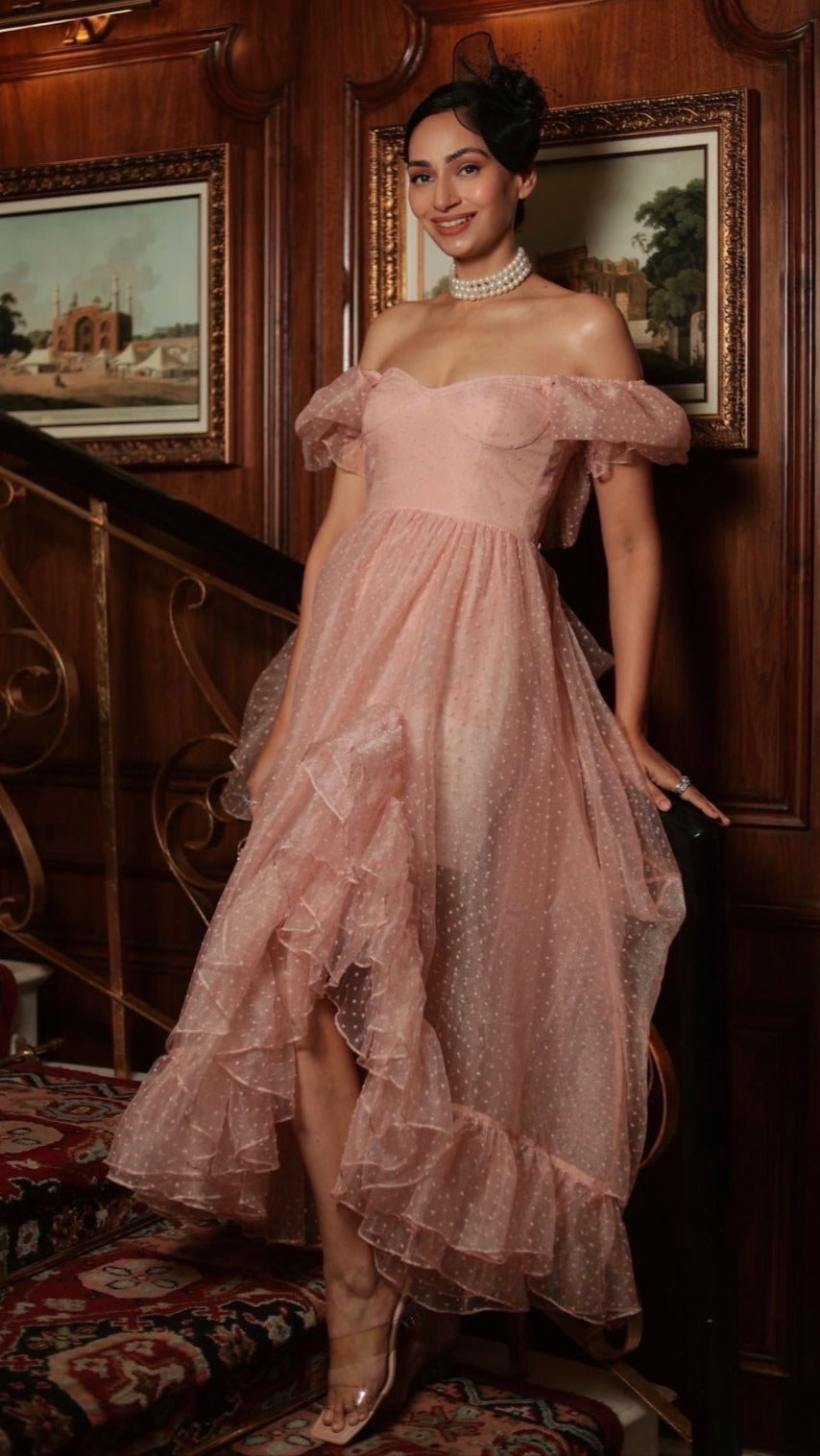 Peach Organza Ruffled Asymmetric Gown with Tail