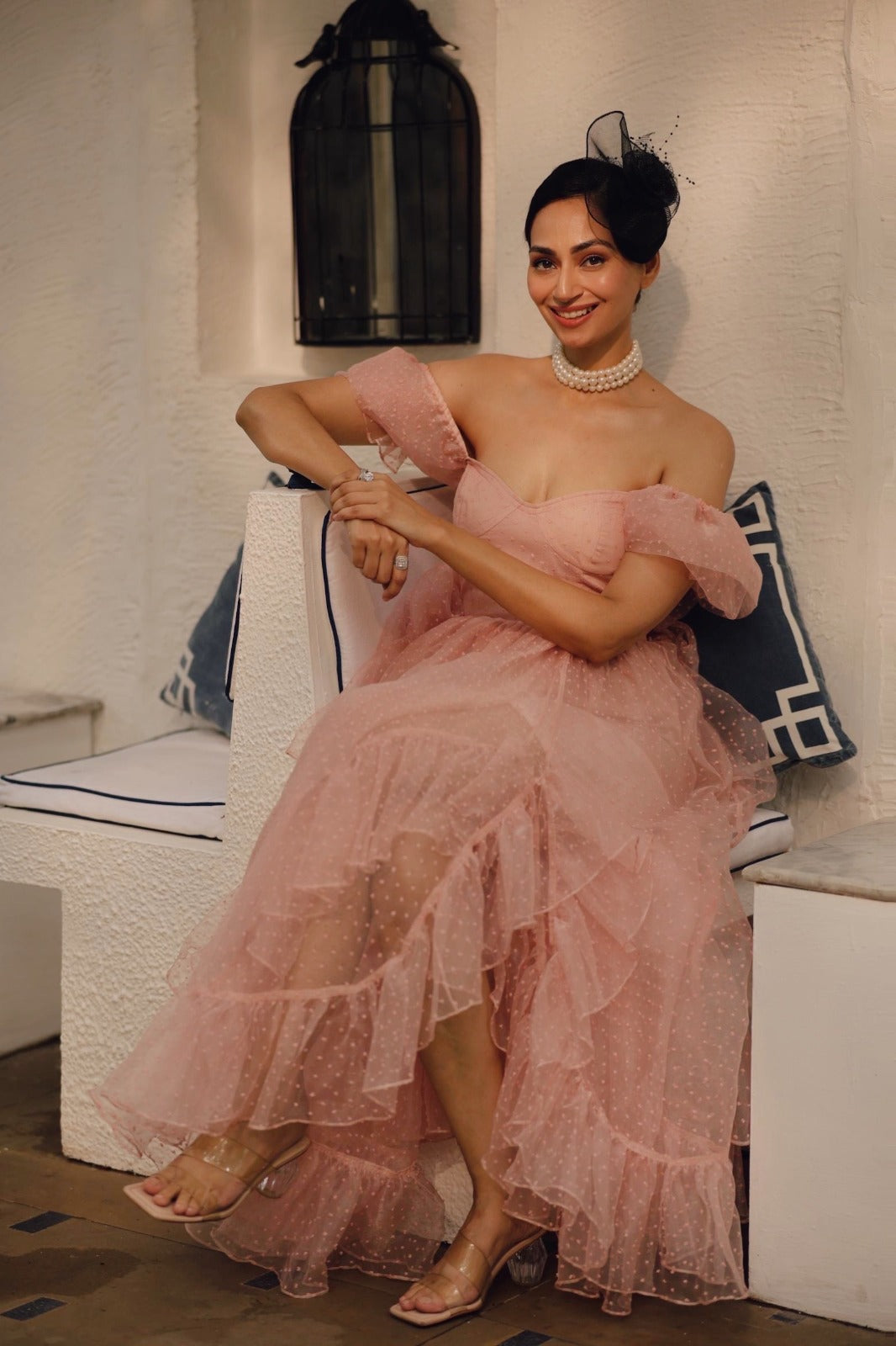 Peach Organza Ruffled Asymmetric Gown with Tail