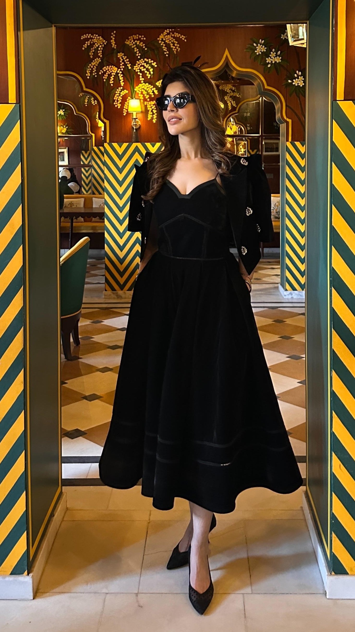 Black A-Line Midi Dress with Embellished Crop Blazer ( Set of 2 )
