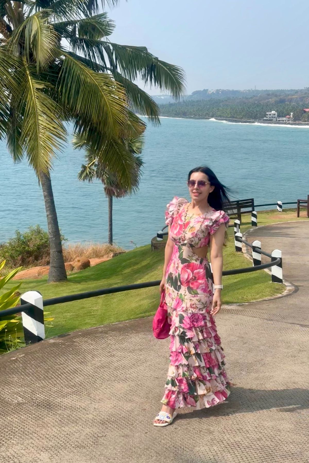 Waist Cut-out Ruffled Slit Skirt Dress in Pink Floral