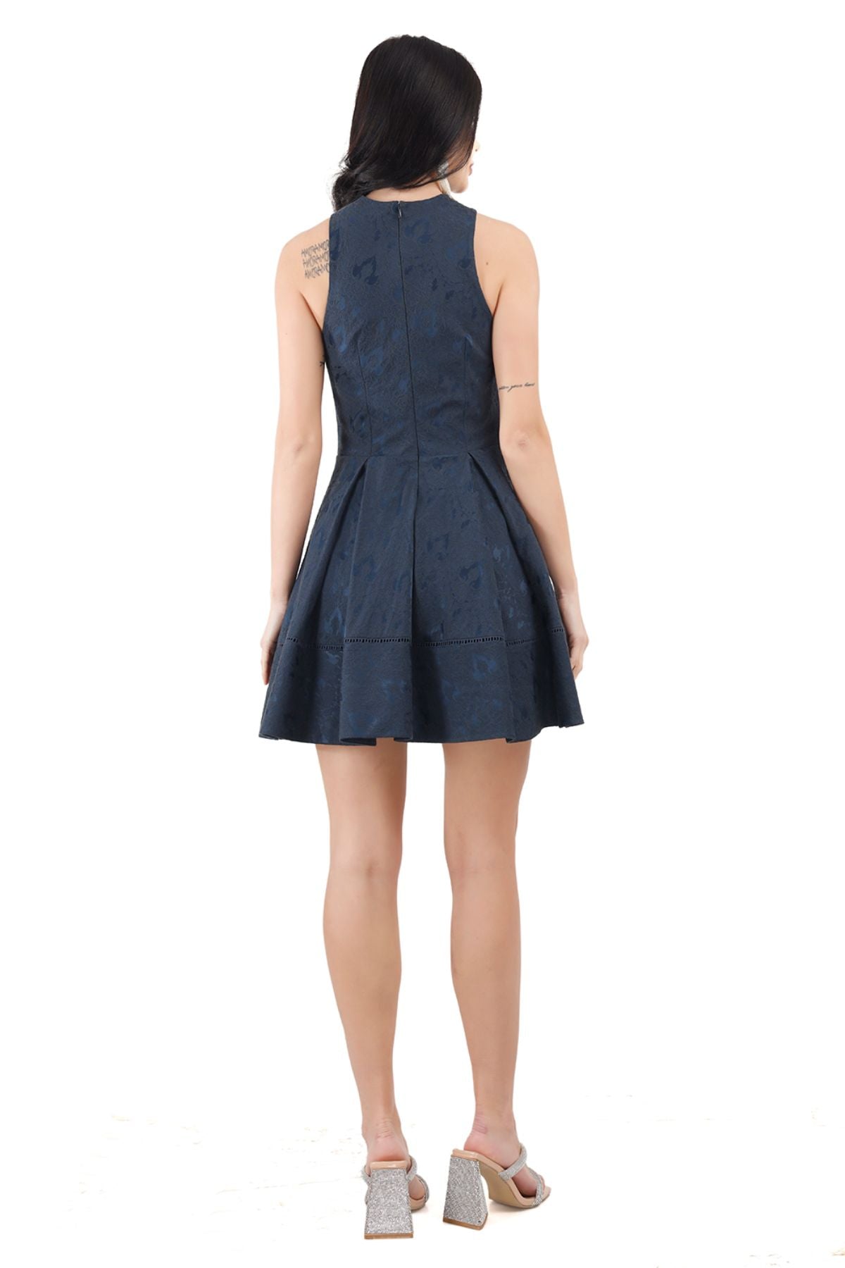 Blue Silk Jacquard Halter Mini Dress ( Rose Embroidered )