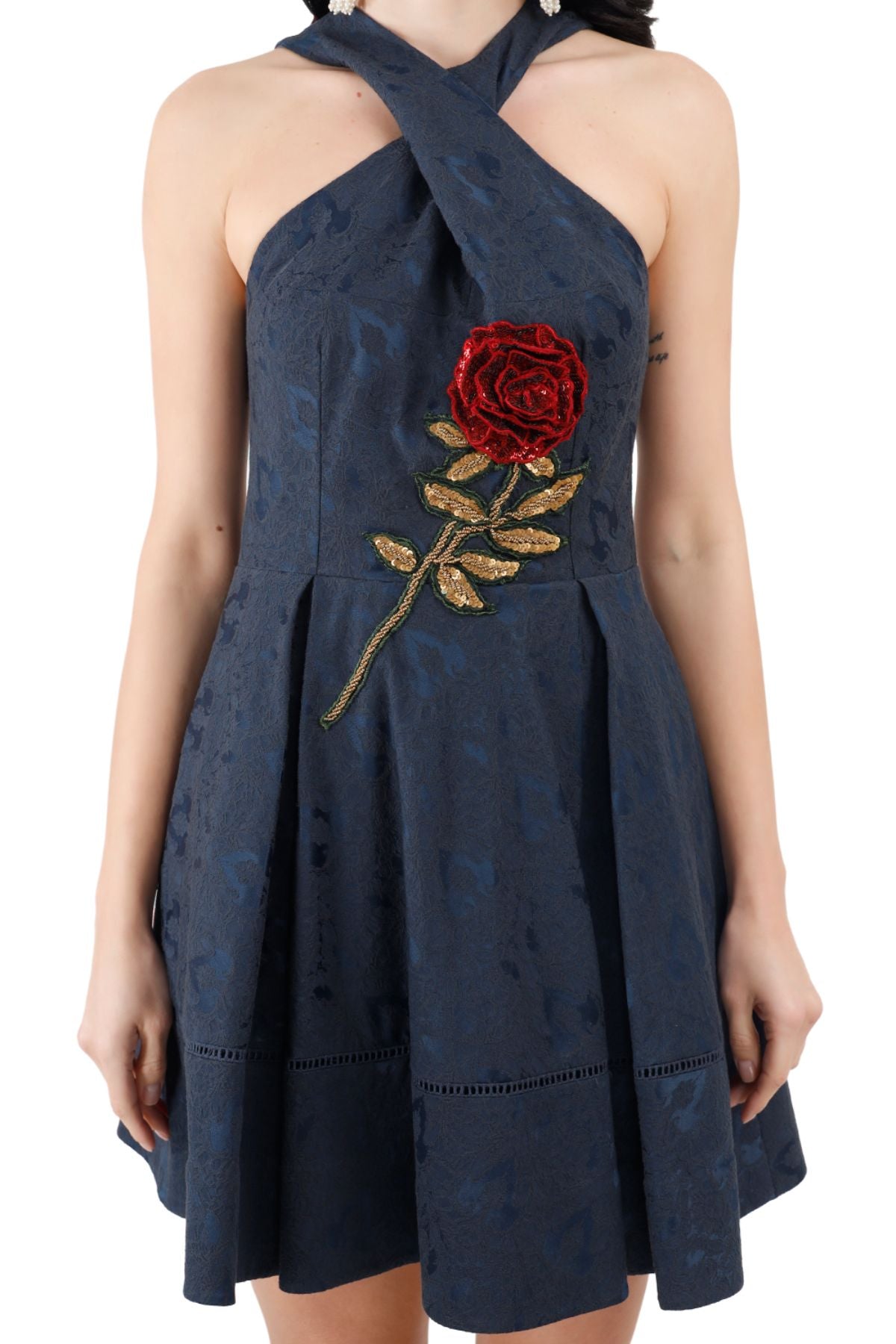 Blue Silk Jacquard Halter Mini Dress ( Rose Embroidered )