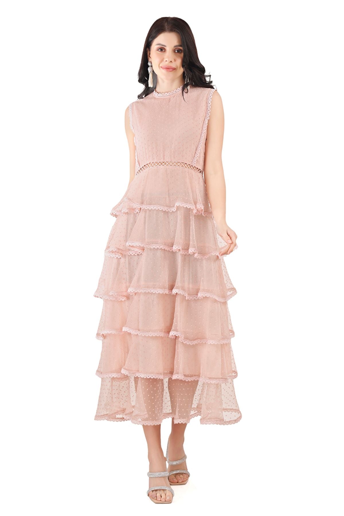 Sleeveless Tiered Scallop Hem Midi Dress in Peach