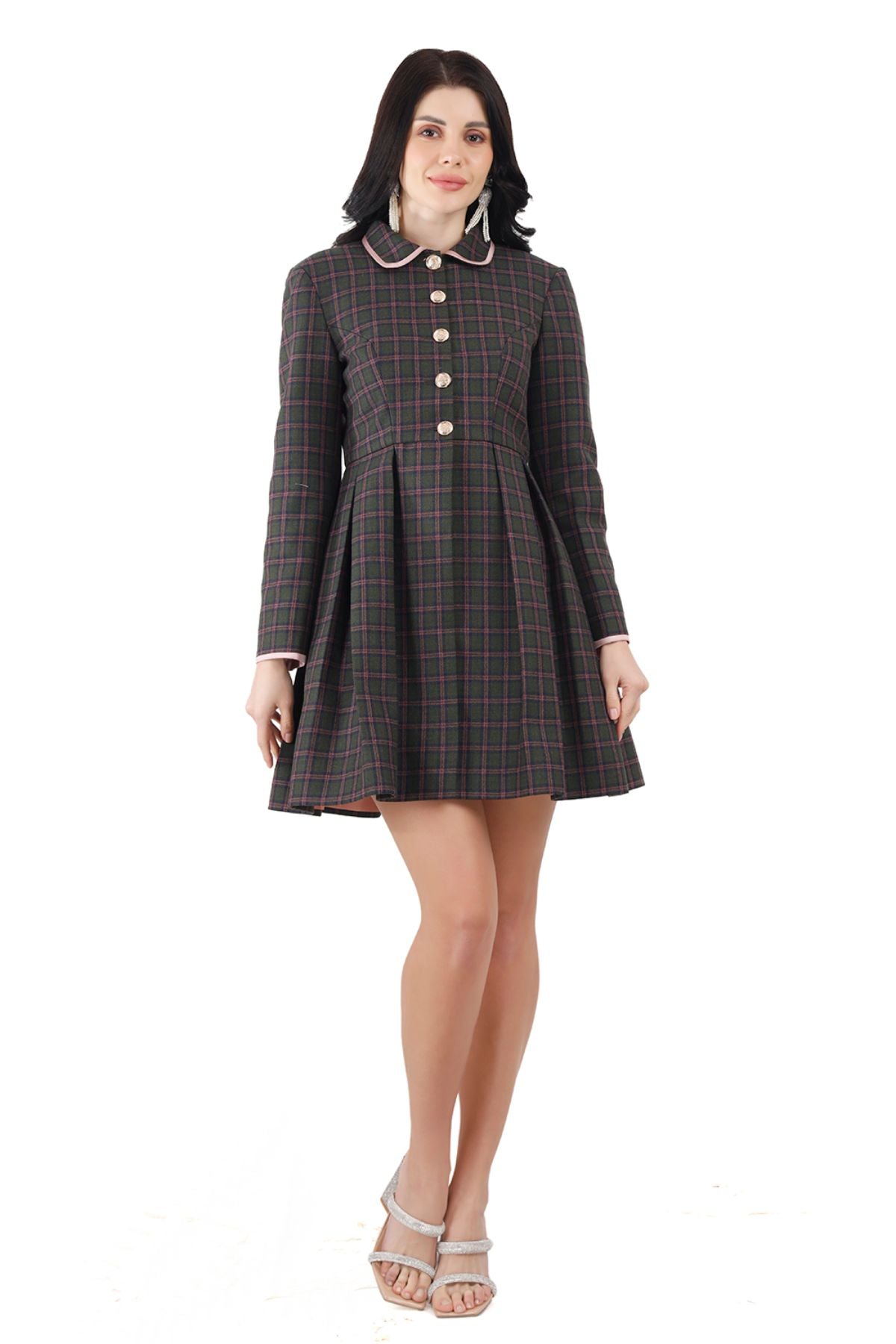 Peter pan Collar Pleated Coat Dress ( Green Check)