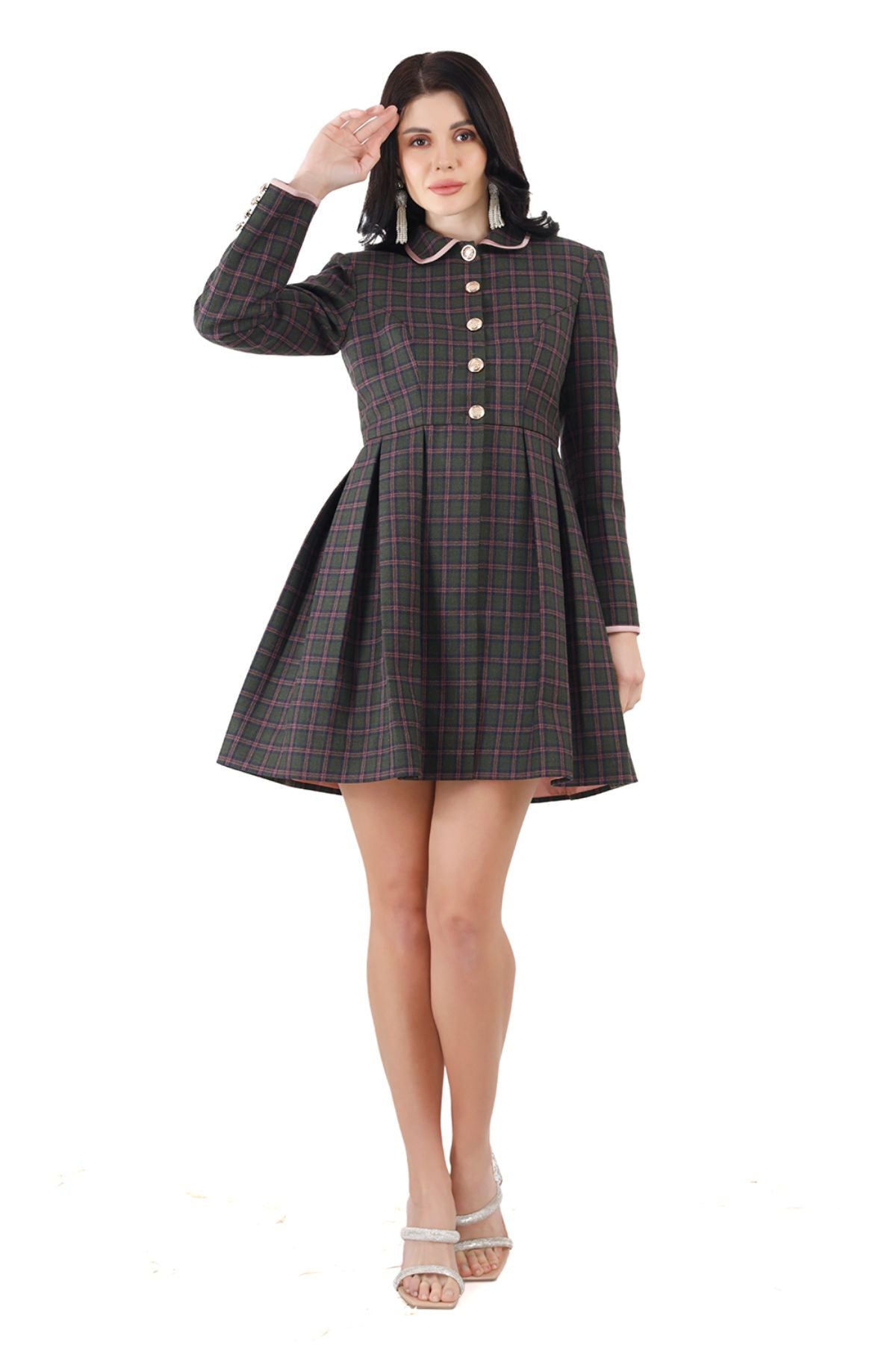 Peter pan Collar Pleated Coat Dress ( Green Check)