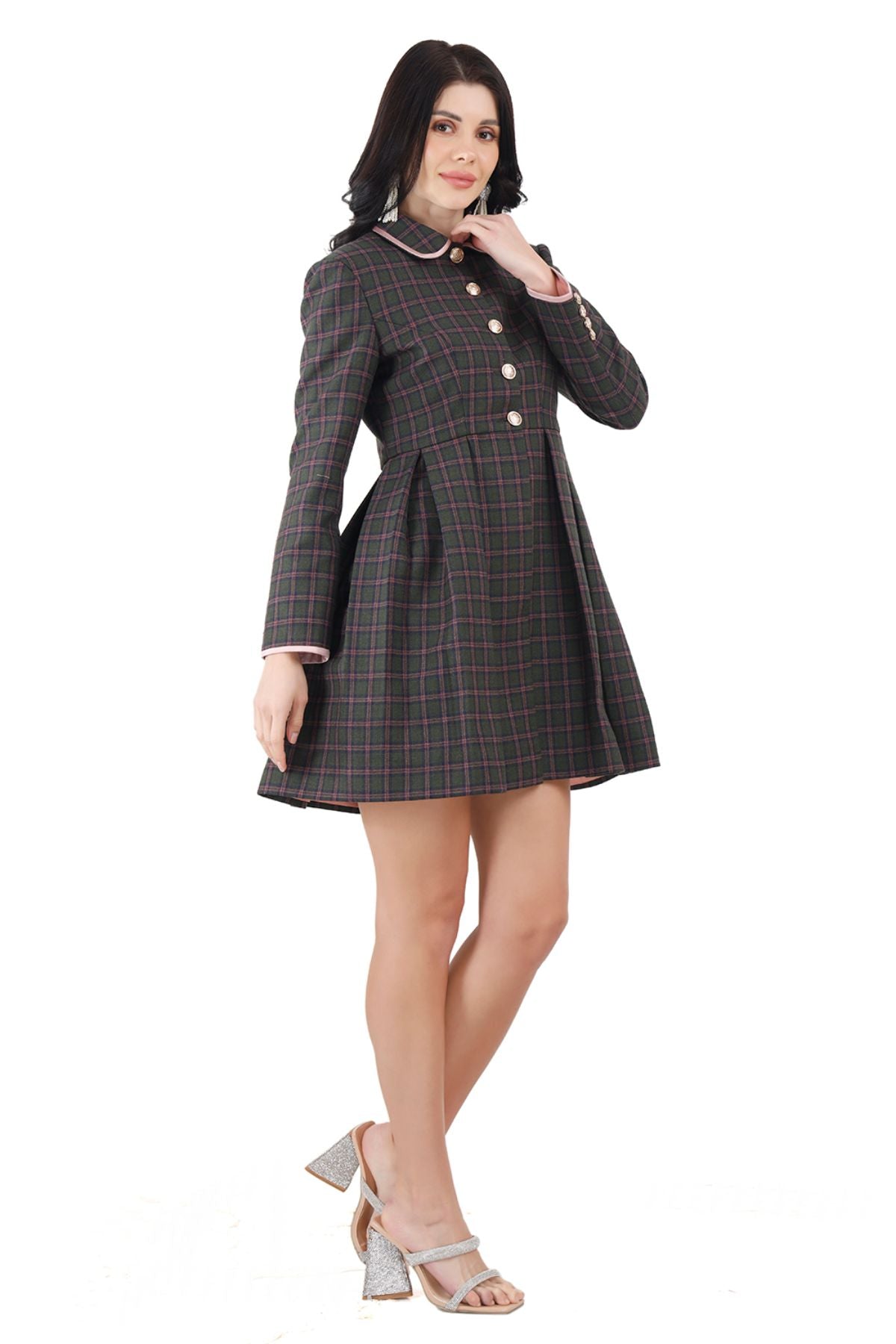 Peter pan Collar Pleated Coat Dress ( Green Check)