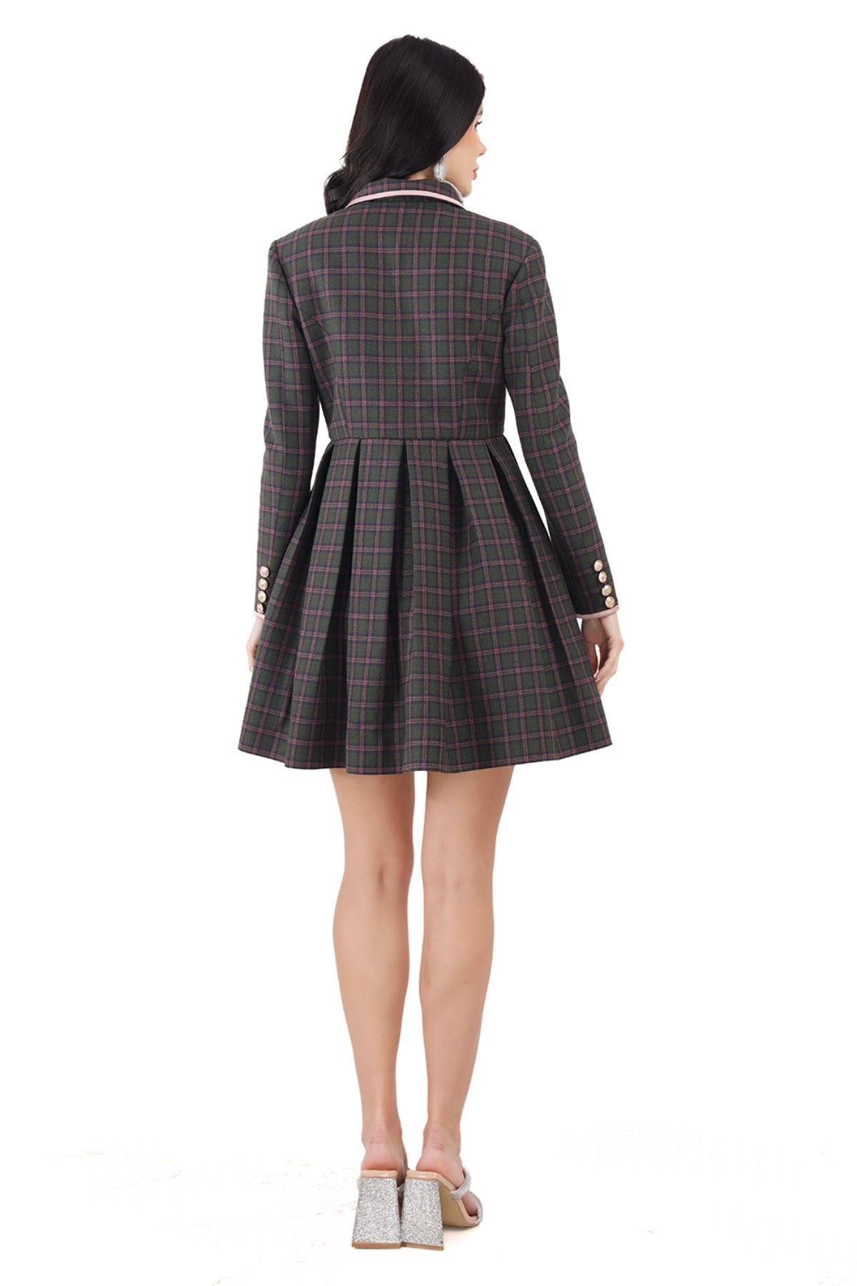 Peter pan Collar Pleated Coat Dress ( Green Check)