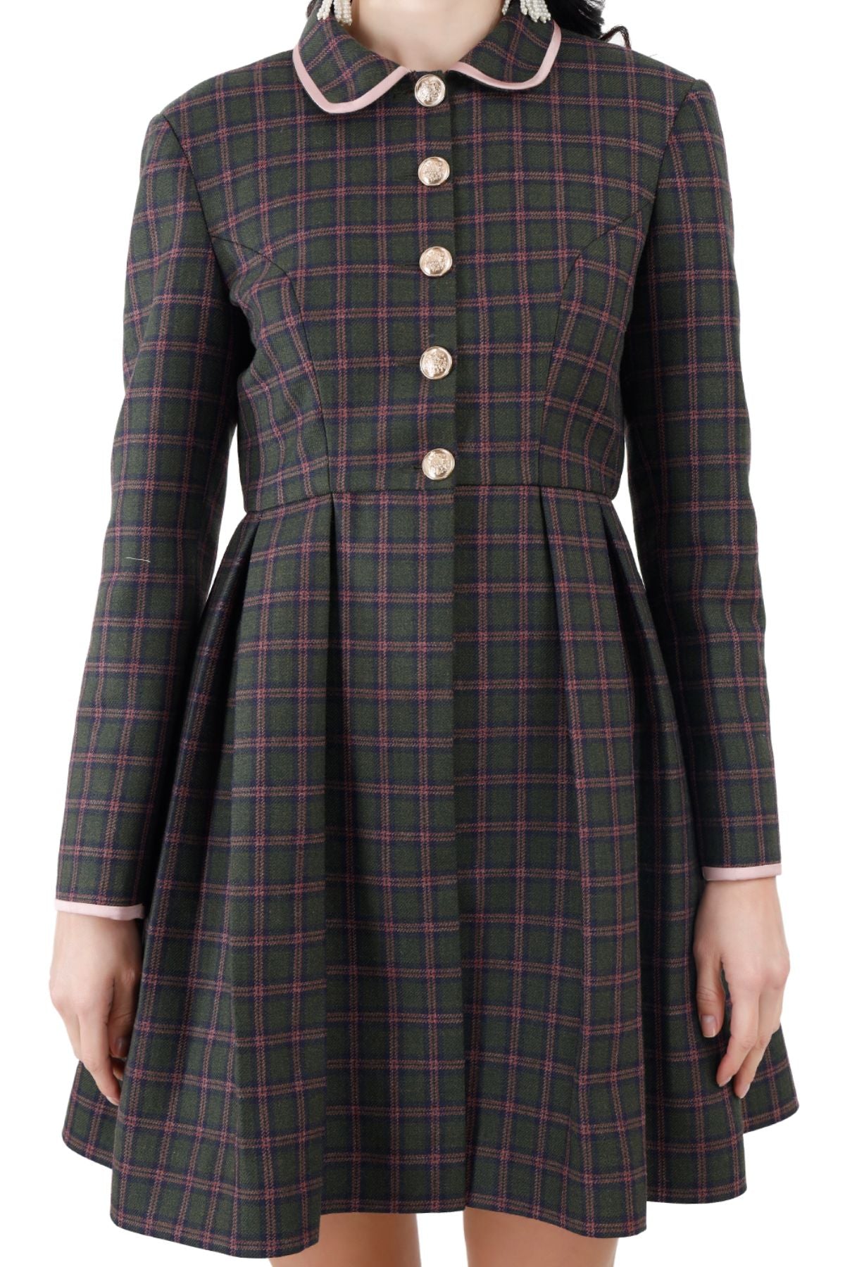 Peter pan Collar Pleated Coat Dress ( Green Check)