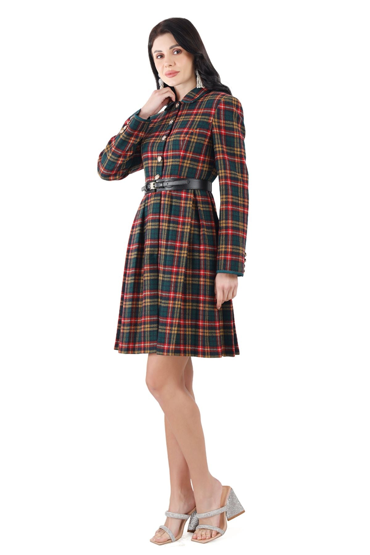 Peter pan Collar Pleated Coat Dress ( Green Orange Check)