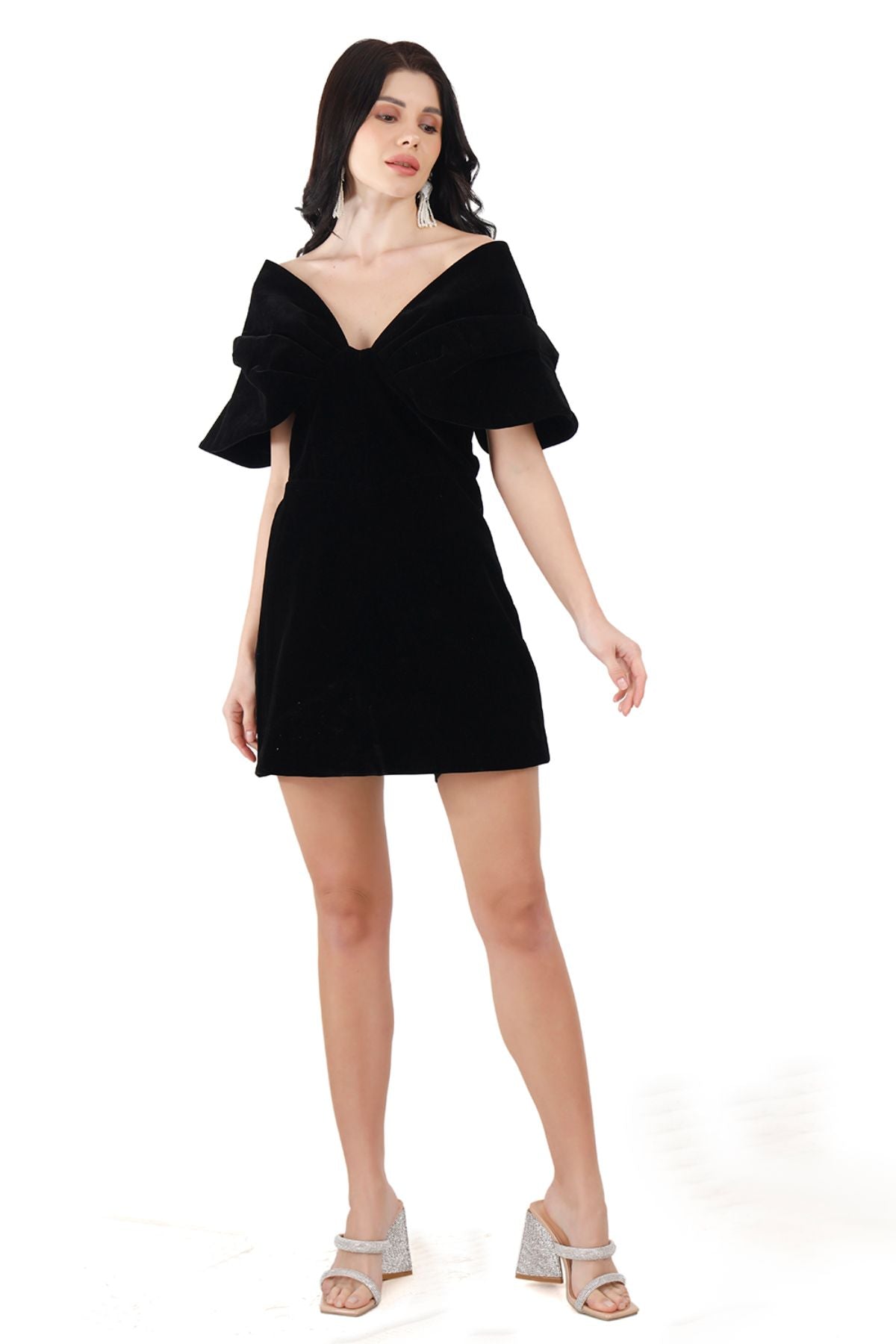 Black Velvet Exaggerated Shoulder Mini Dress