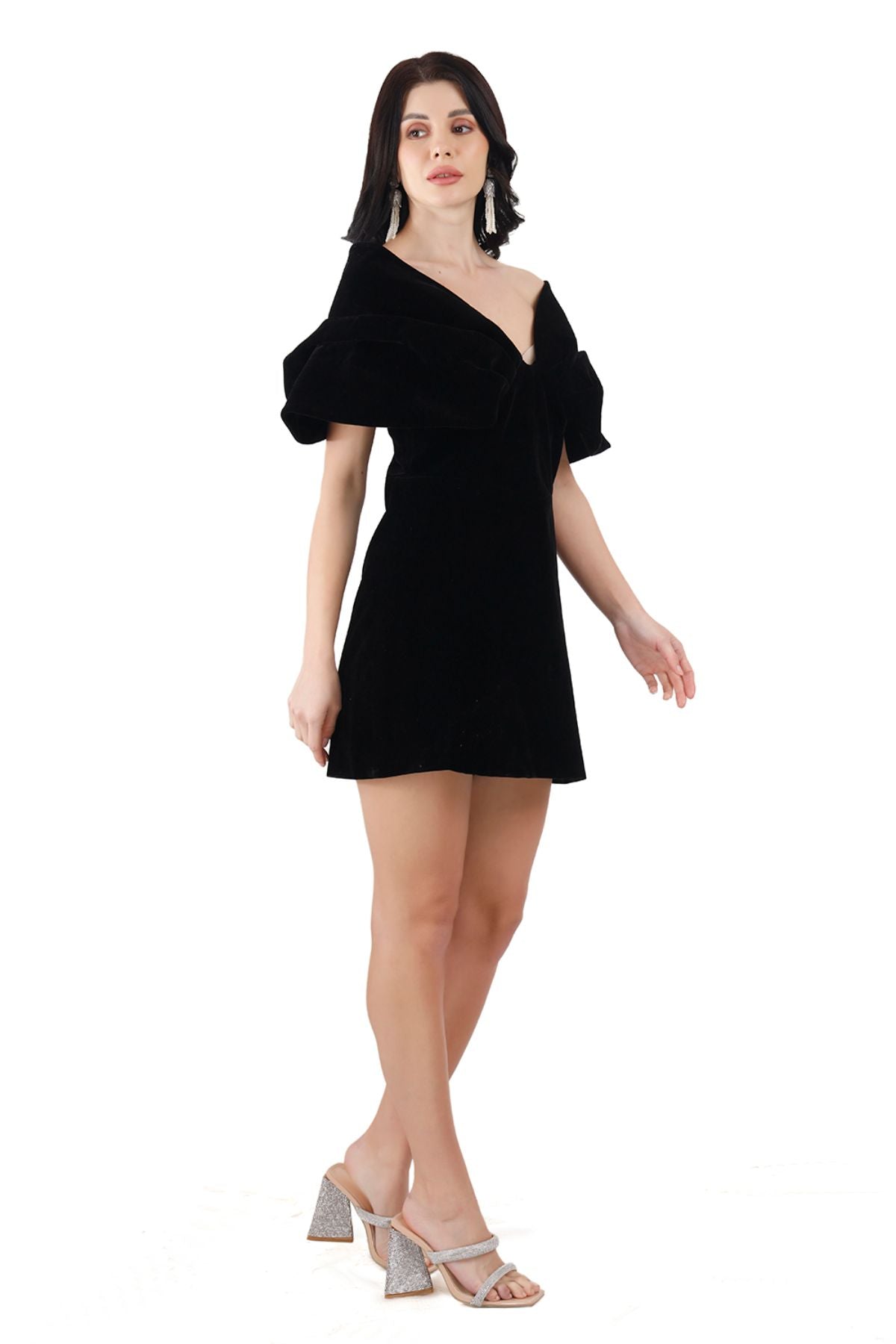 Black Velvet Exaggerated Shoulder Mini Dress