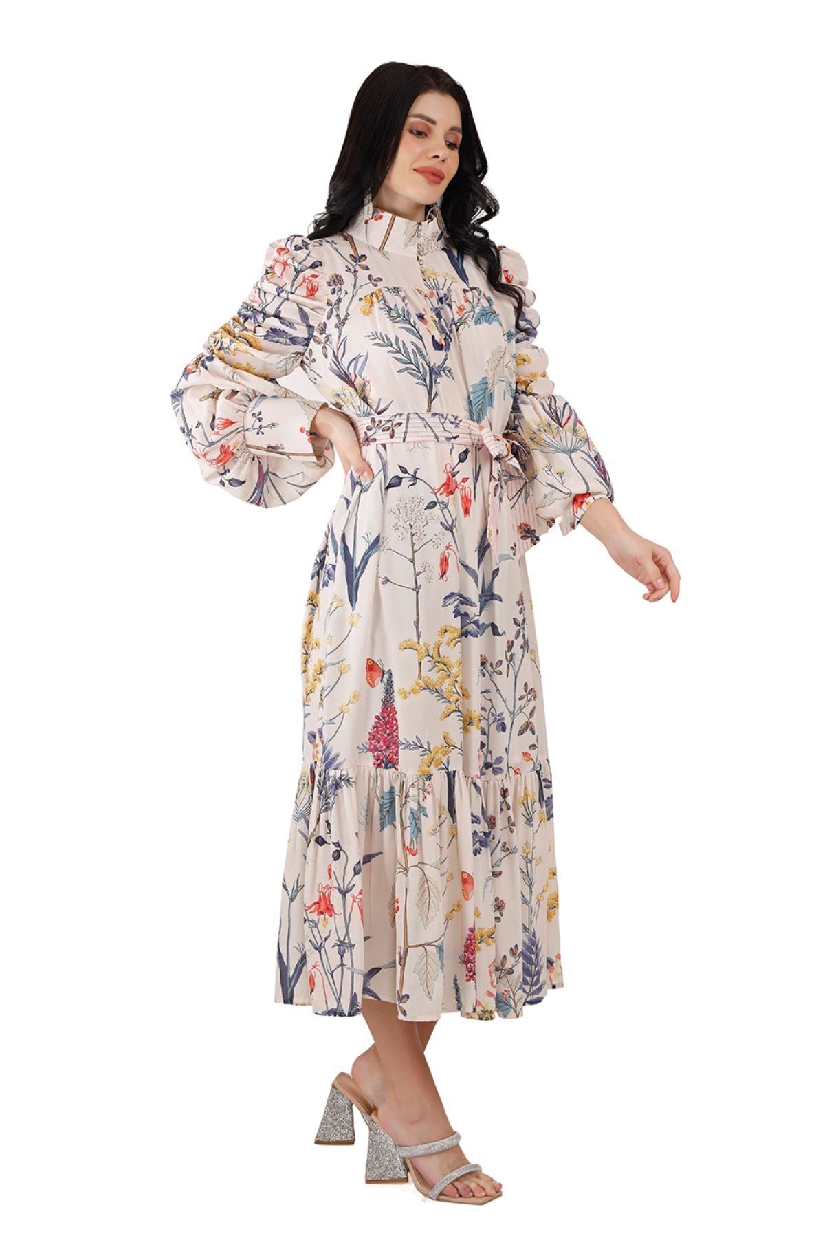 White Floral Ruched Sleeve Midi Dress