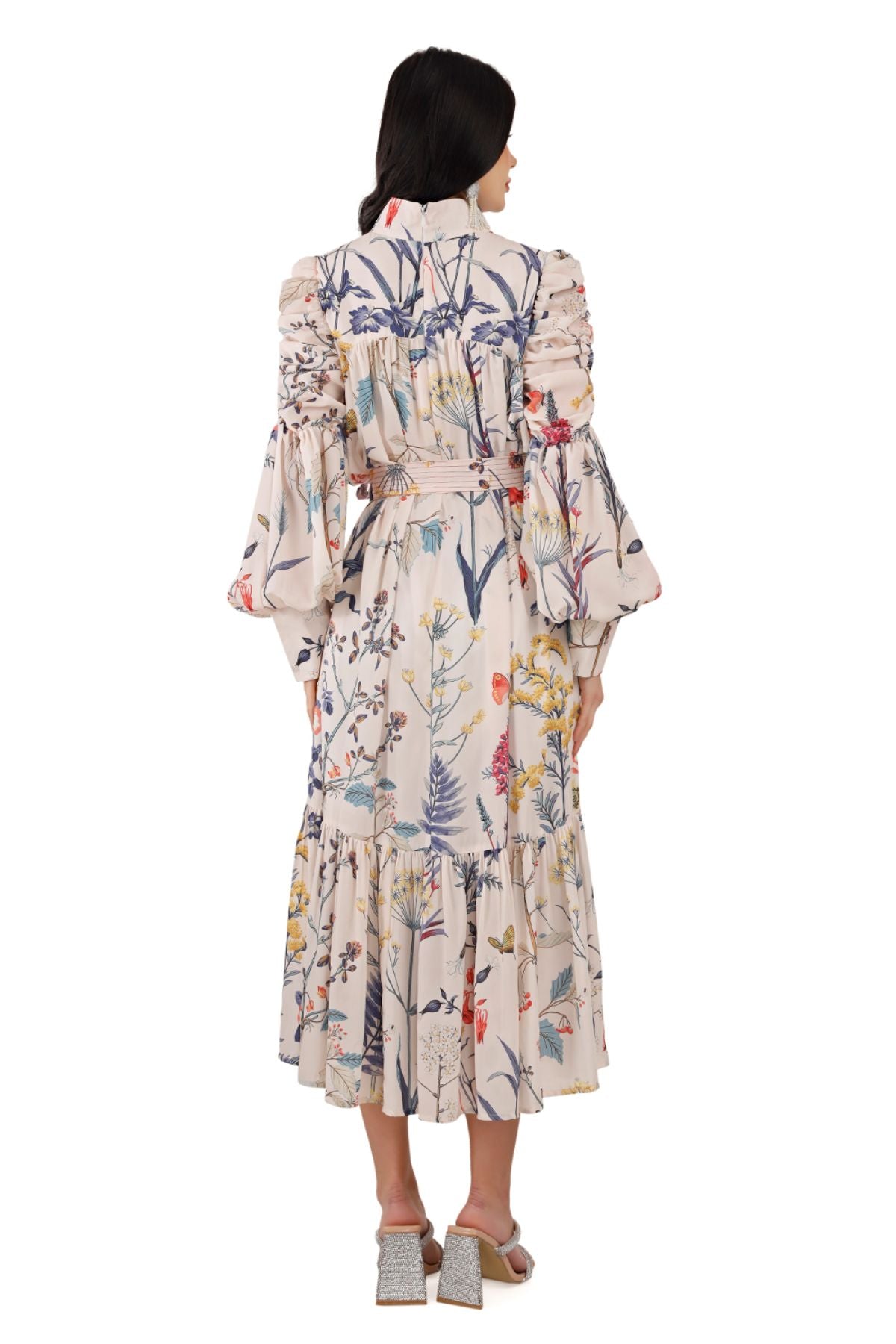 White Floral Ruched Sleeve Midi Dress