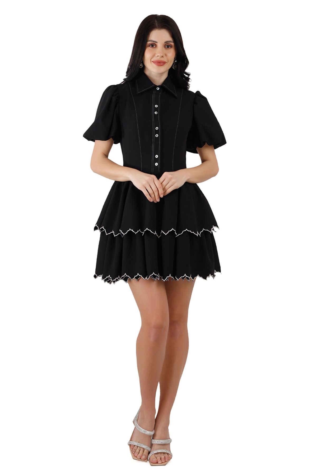 edgy black mini dress Black Twin Tier Edgy Scallop Mini Dress