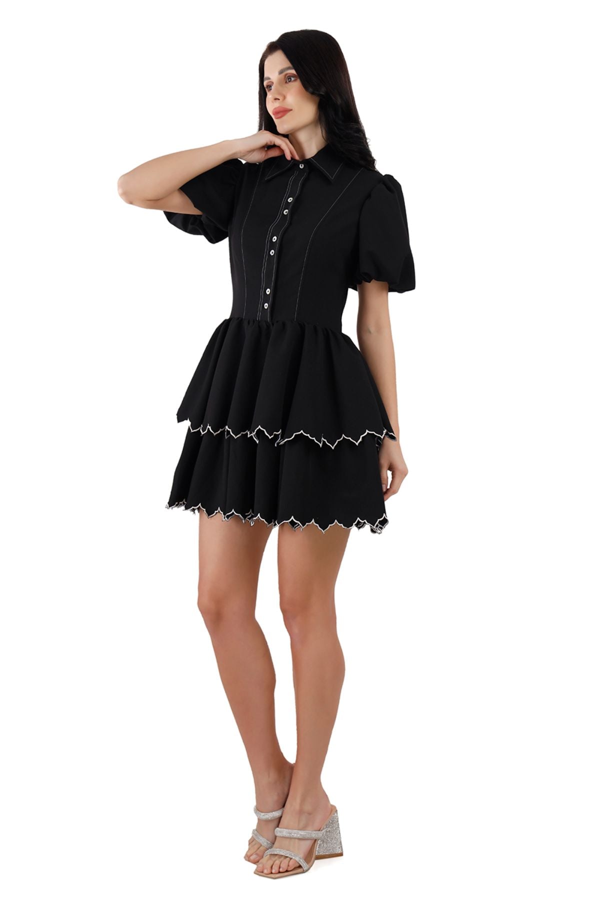 Black Twin Tier Edgy Scallop Mini Dress