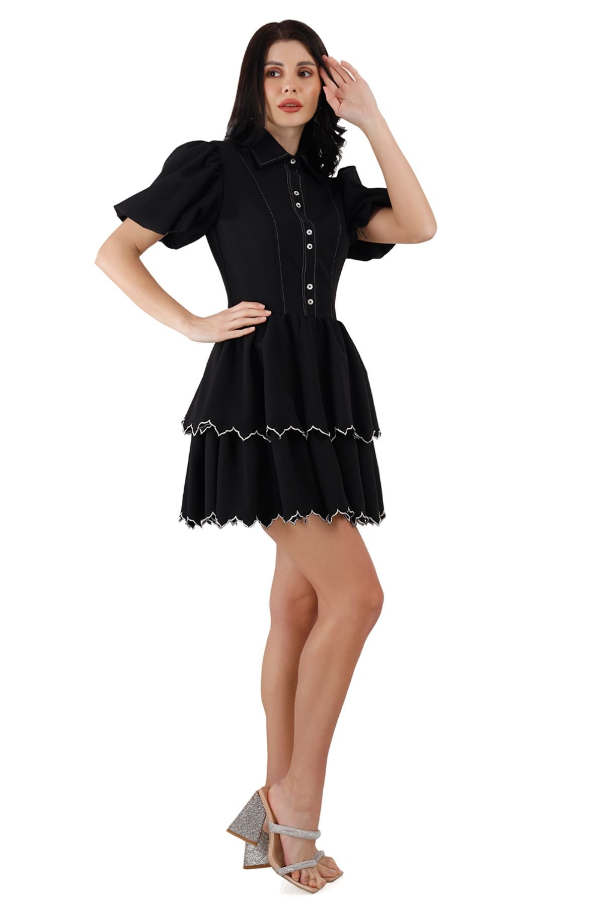 Black Twin Tier Edgy Scallop Mini Dress