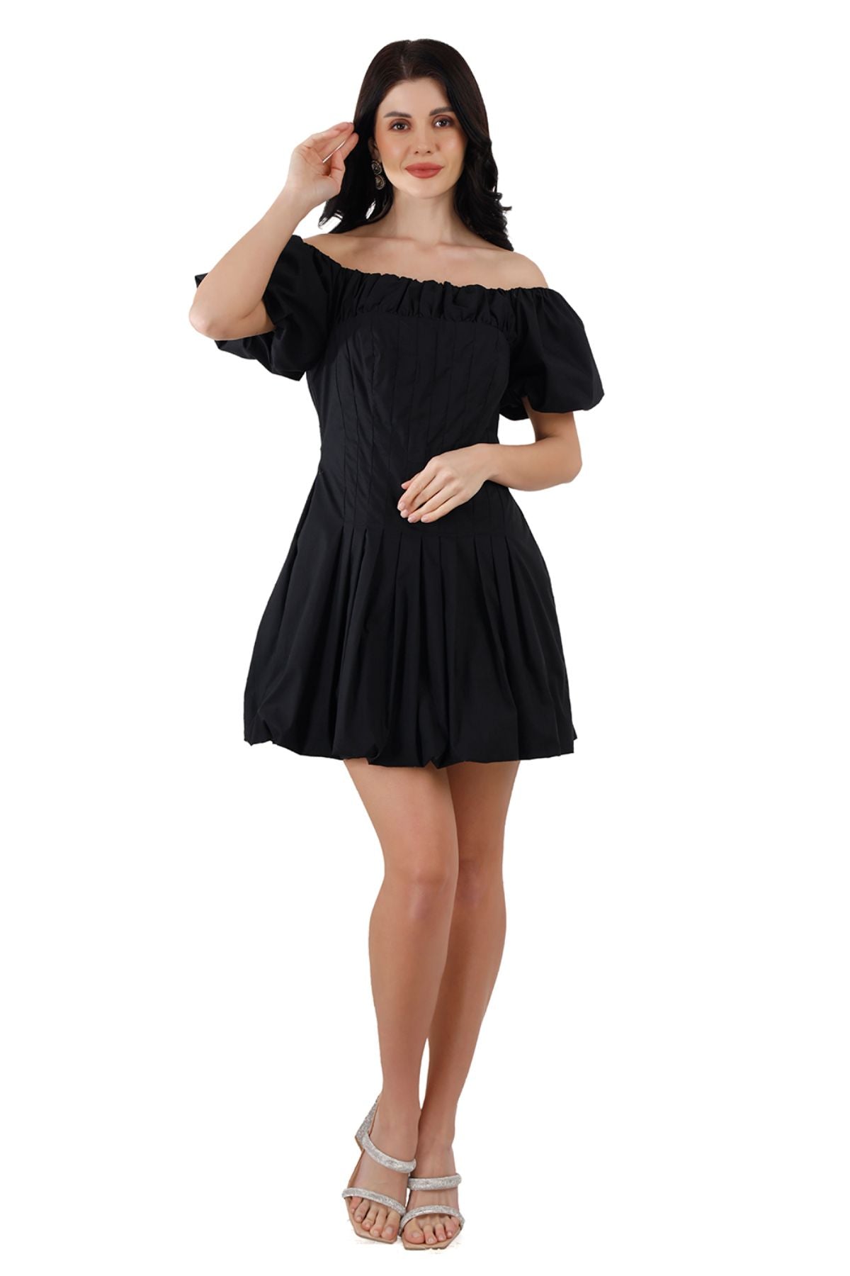 Black Wide/Off Shoulder Cotton Balloon Hem Mini Dress