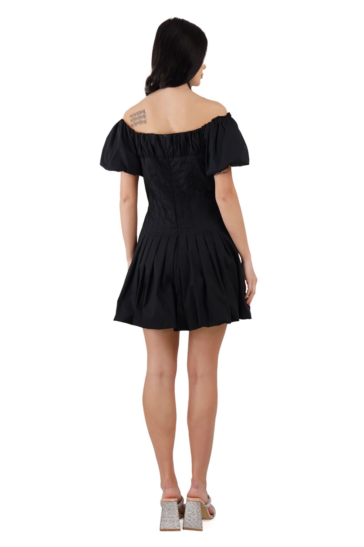 Black Wide/Off Shoulder Cotton Balloon Hem Mini Dress