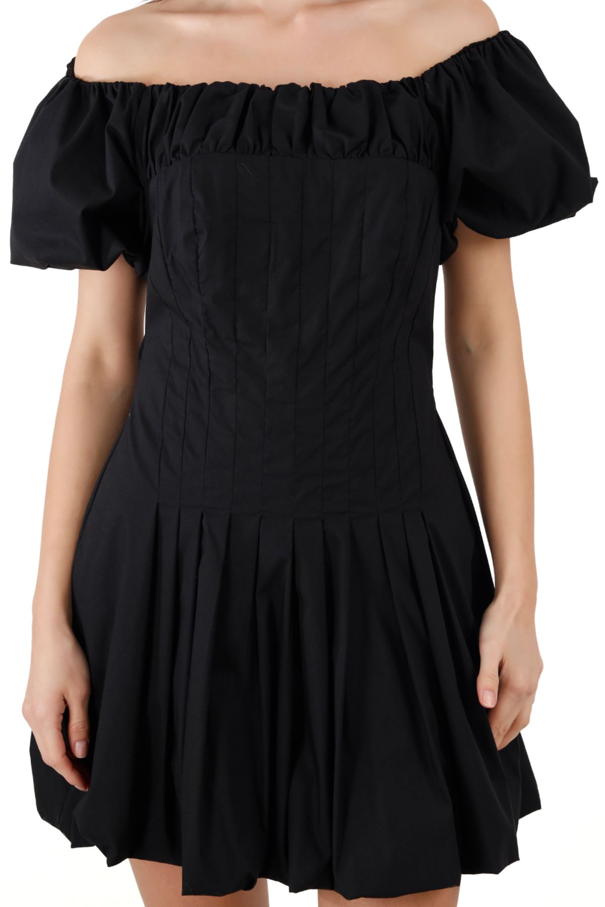 Black Wide/Off Shoulder Cotton Balloon Hem Mini Dress