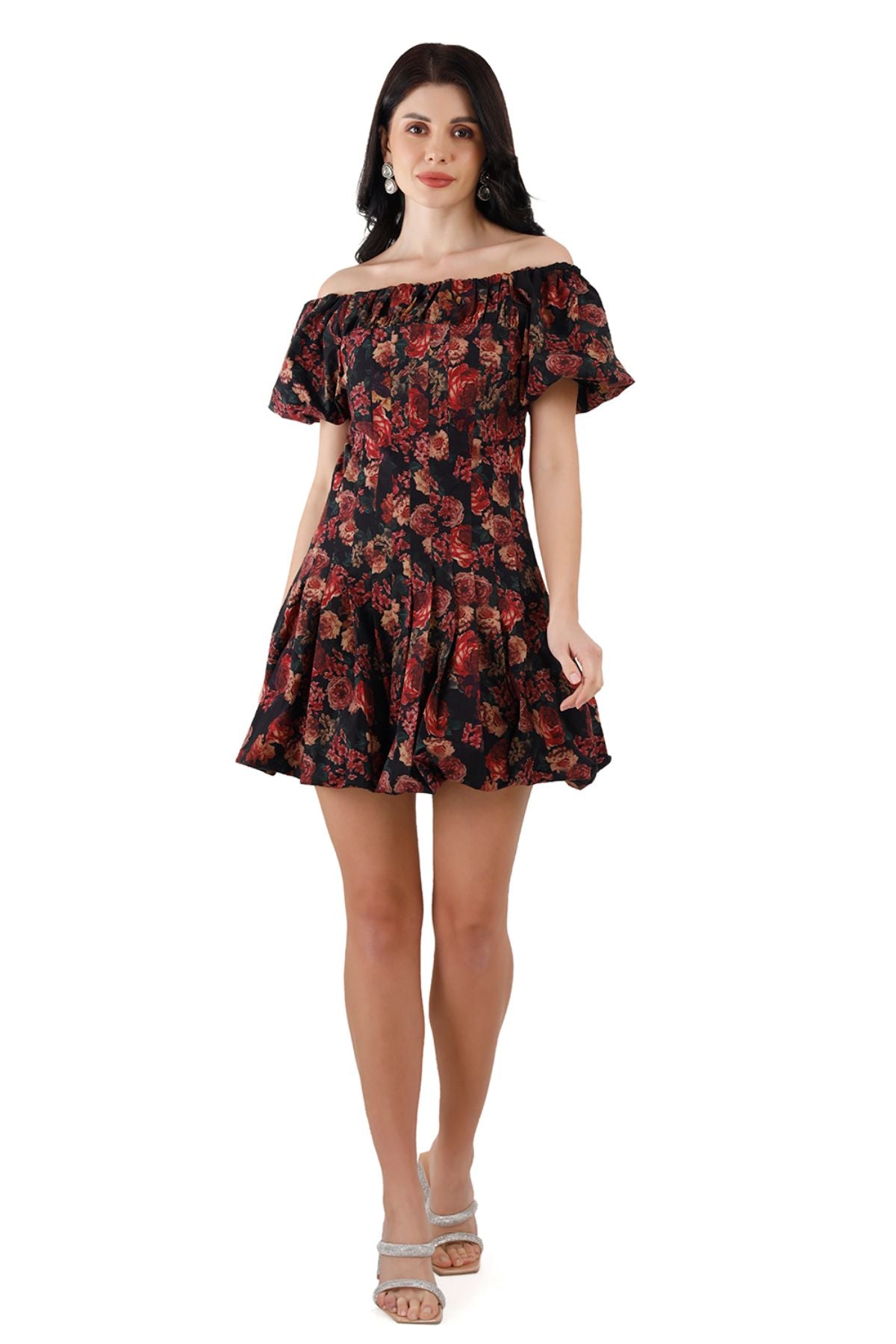 Vintage Rose Wide/Off Shoulder Cotton Balloon Hem Mini Dress
