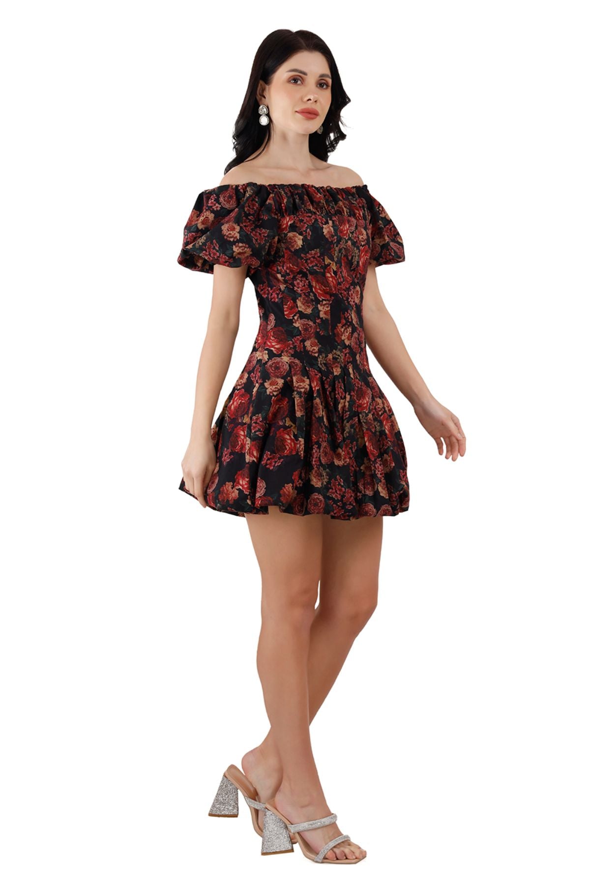 Vintage Rose Wide/Off Shoulder Cotton Balloon Hem Mini Dress