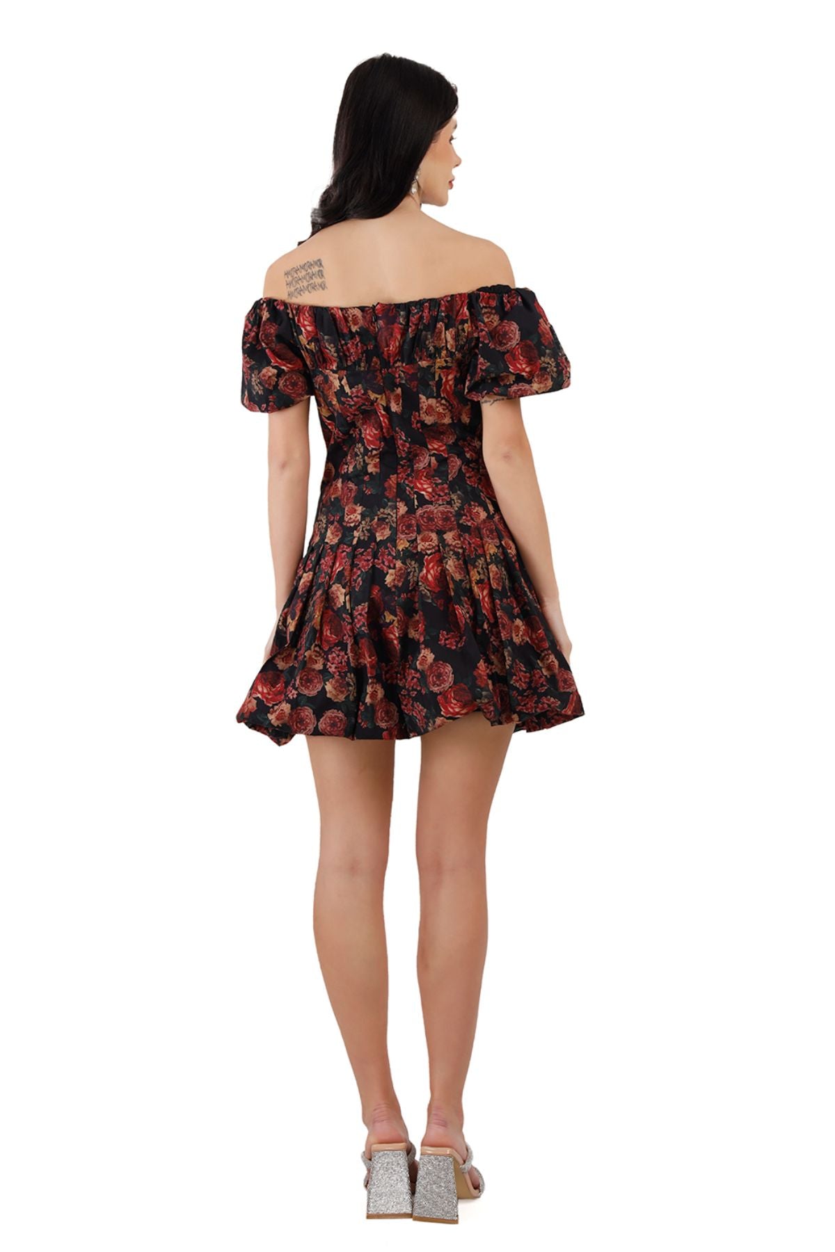 Vintage Rose Wide/Off Shoulder Cotton Balloon Hem Mini Dress
