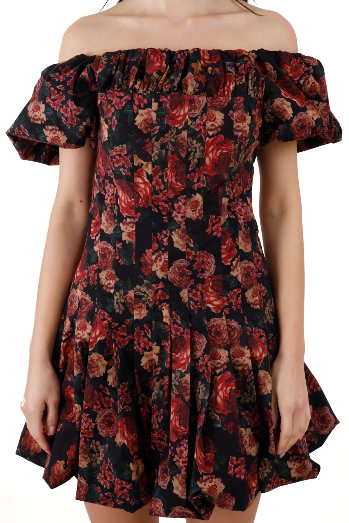 Vintage Rose Wide/Off Shoulder Cotton Balloon Hem Mini Dress