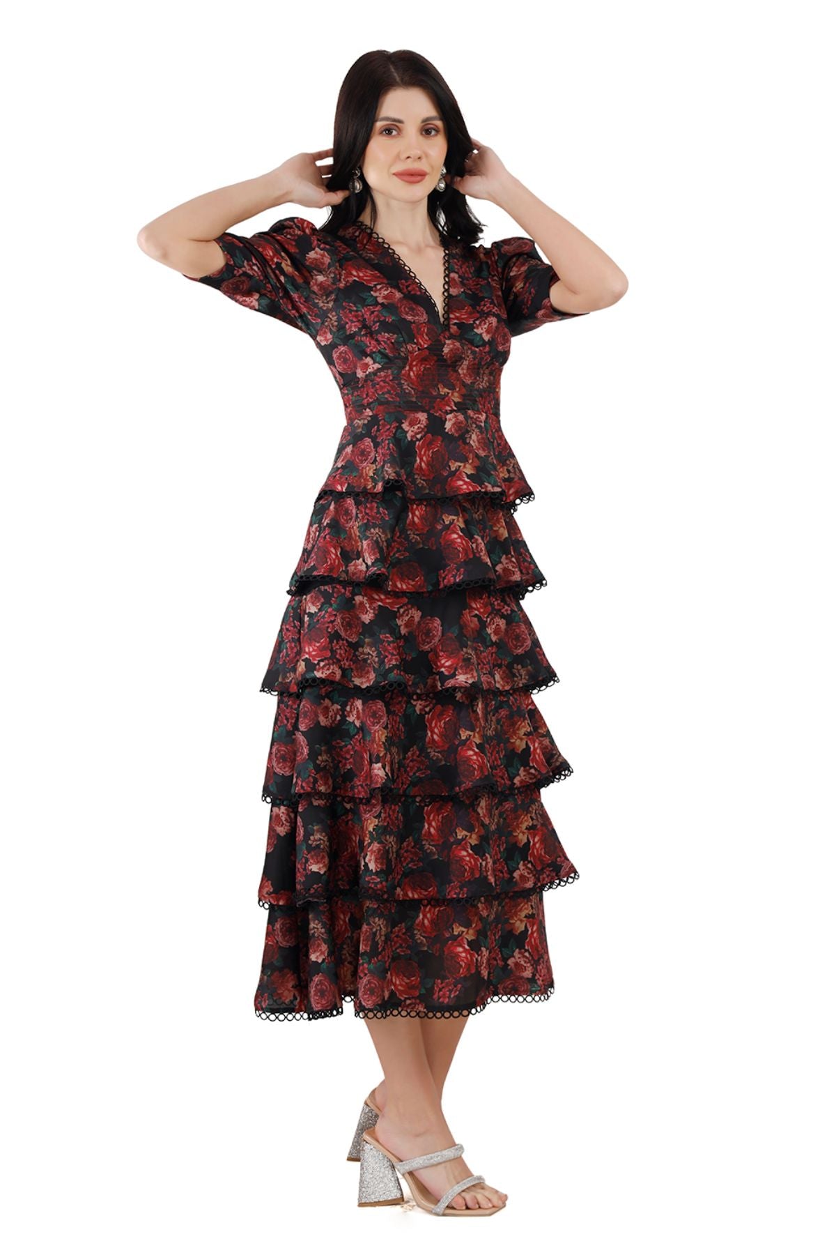Multi Tiered Scallop Hem Midi Dress in Vintage Rose