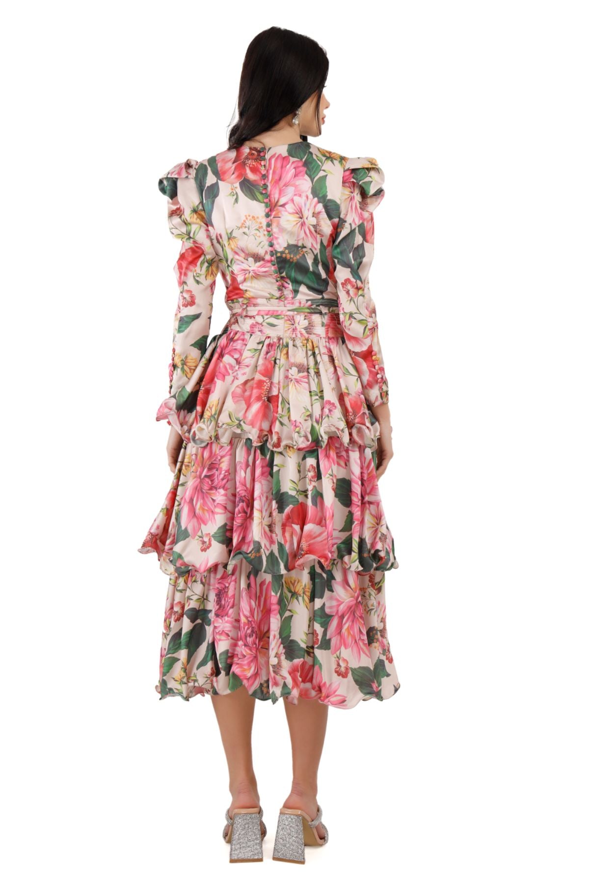 Pink Floral Triple Tier Midi Dress