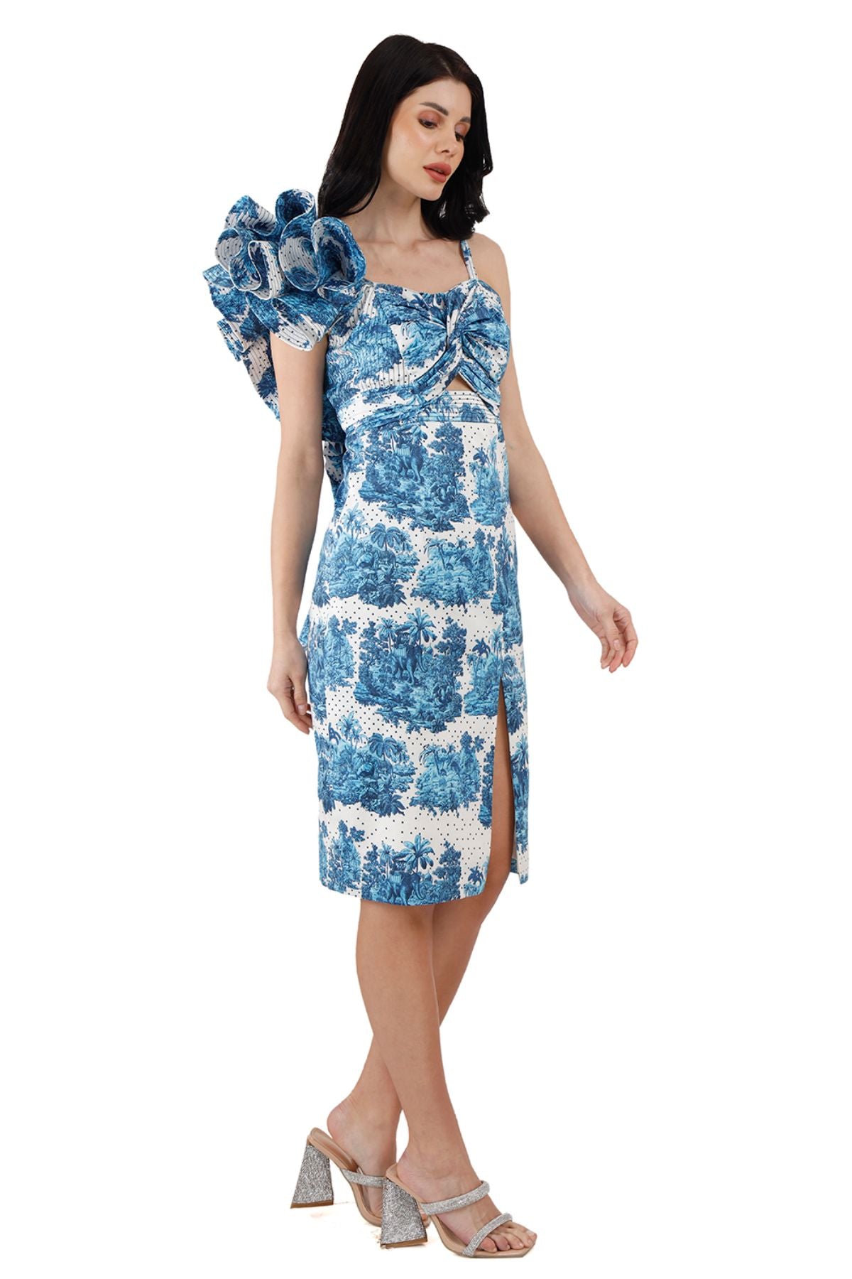 Blue Moroccan Polka Inclined Shoulder Bodycon Slit Midi Dress
